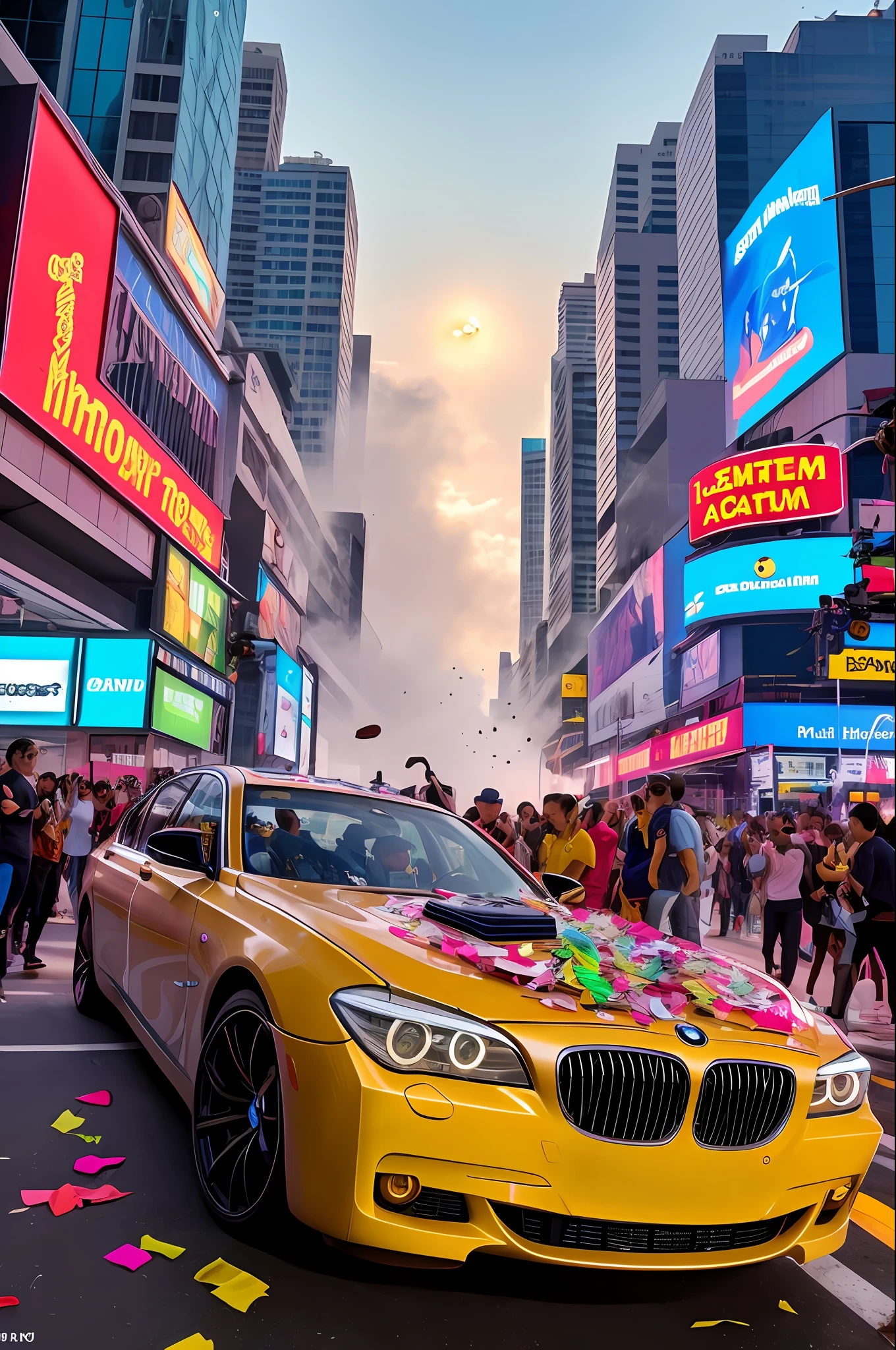 sunny day bright beautiful overcast sky sunset sports car (BMW 750 I)running down cyberpunk Miami city streets neon signs and crowds confetti debris dust wind volumetric fog exciting epic action camera, (obra-prima: 1.2) (fotorrealista: 1.2) (Bokeh) (melhor qualidade) (pele detalhada ) (intricado) (16k) (HDR) (cinematic lighthing) (foco nítido)