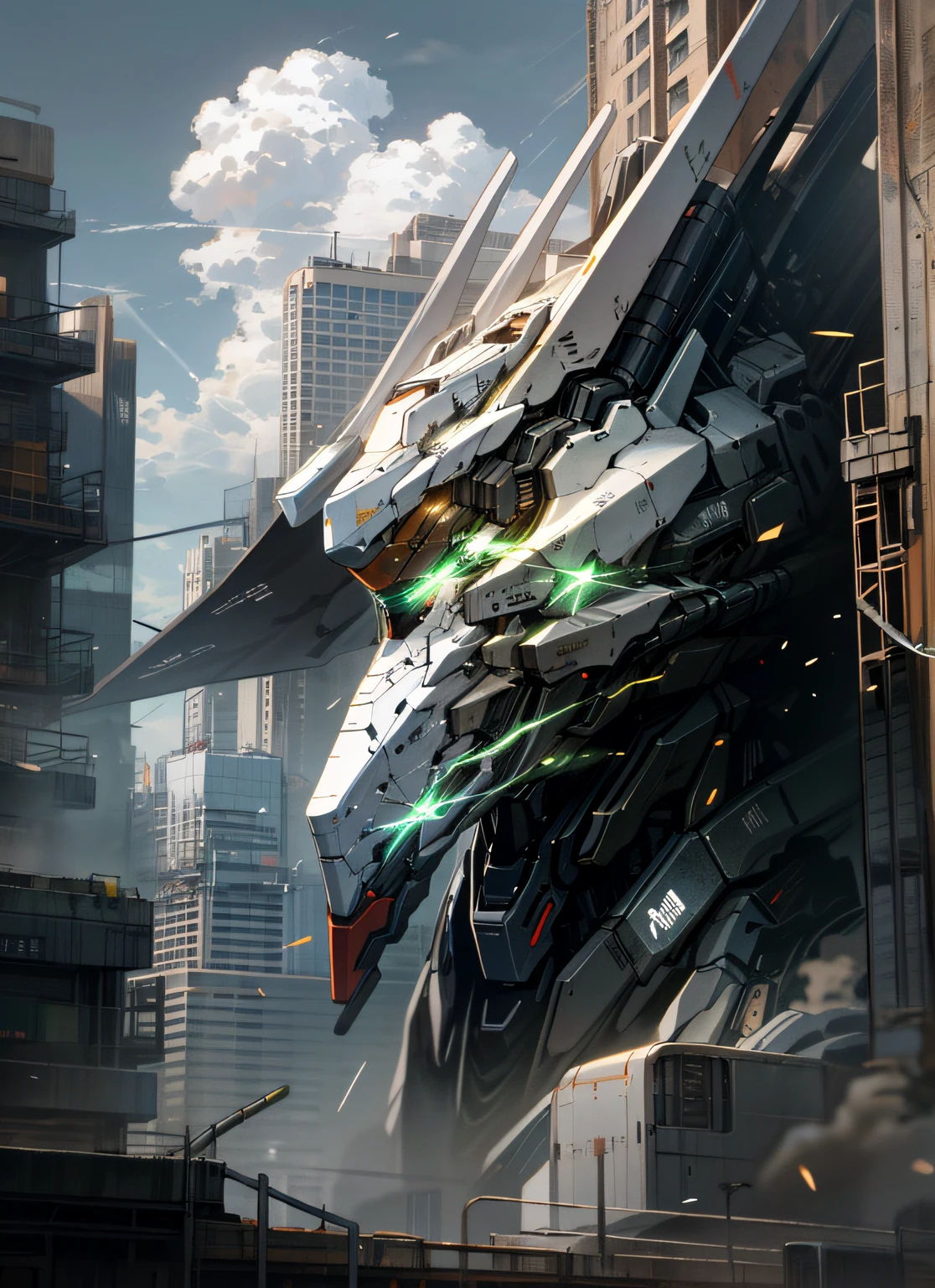 The sky is cloudy,The robot glows brightly in the face of the non-human city sky,Buildings and translucent smoke form a psychedelic backdrop,Robots on buildings glow green(glowing eyes)eyeshine,It creates a science fiction atmosphere,Let people feel a touch of reality and fantasy colliding。