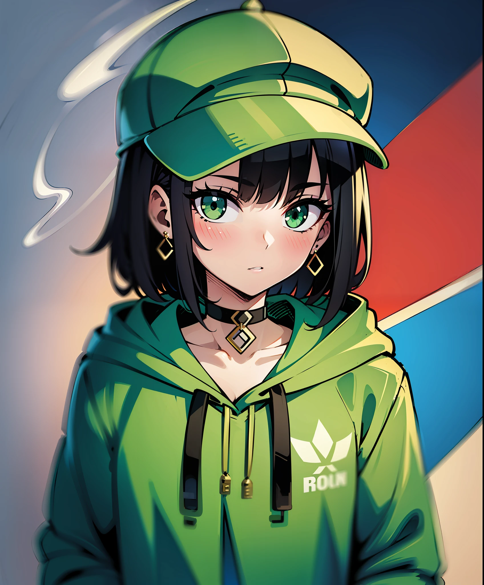 Graffiti, 1girl, solo, hood, leaf, hoodie, jewelry, hat, earrings, black hair, cigarette, hood down, medium hair, upper body, baseball cap, looking at viewer, green eyes, drawstring, green headwear, choker, smoking, green hoodie