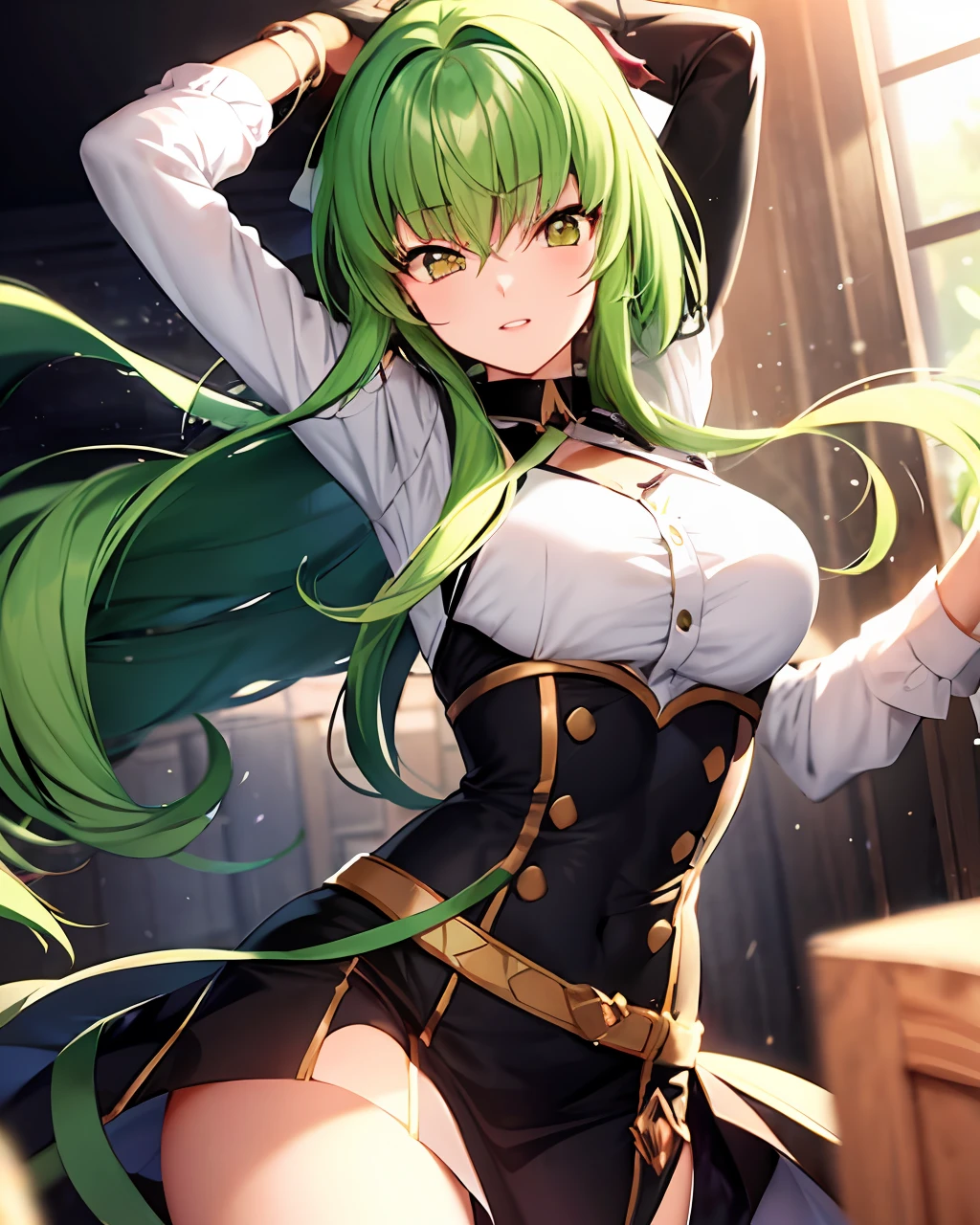 The green-haired girl is lively