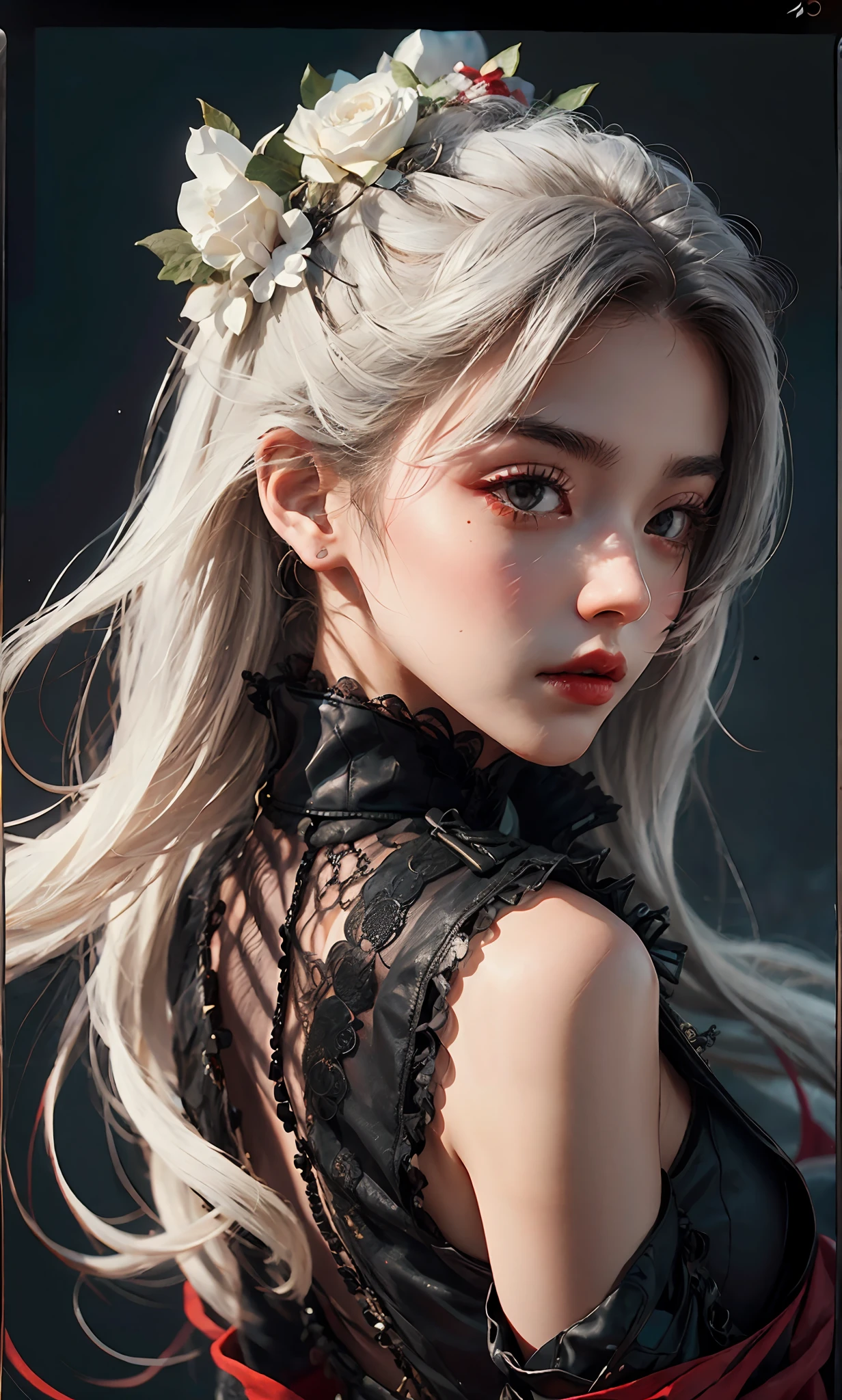 1girll，White color hair，Various hairstyles，Wear a black flower on your head，beauitful face，crisp breasts，Convex buttocks，Wearing a black gauze tights，Wear a black wristband，Black lace-up heels，Wearing a black military uniform overcoat，The inside of the coat is red，perfectly proportioned, Cinematic lighting, filmgrain, Fujicolor, lightand shade contrast, 8K, 巨作, Textured skin, Super detail, high detal, High quality, A high resolution,