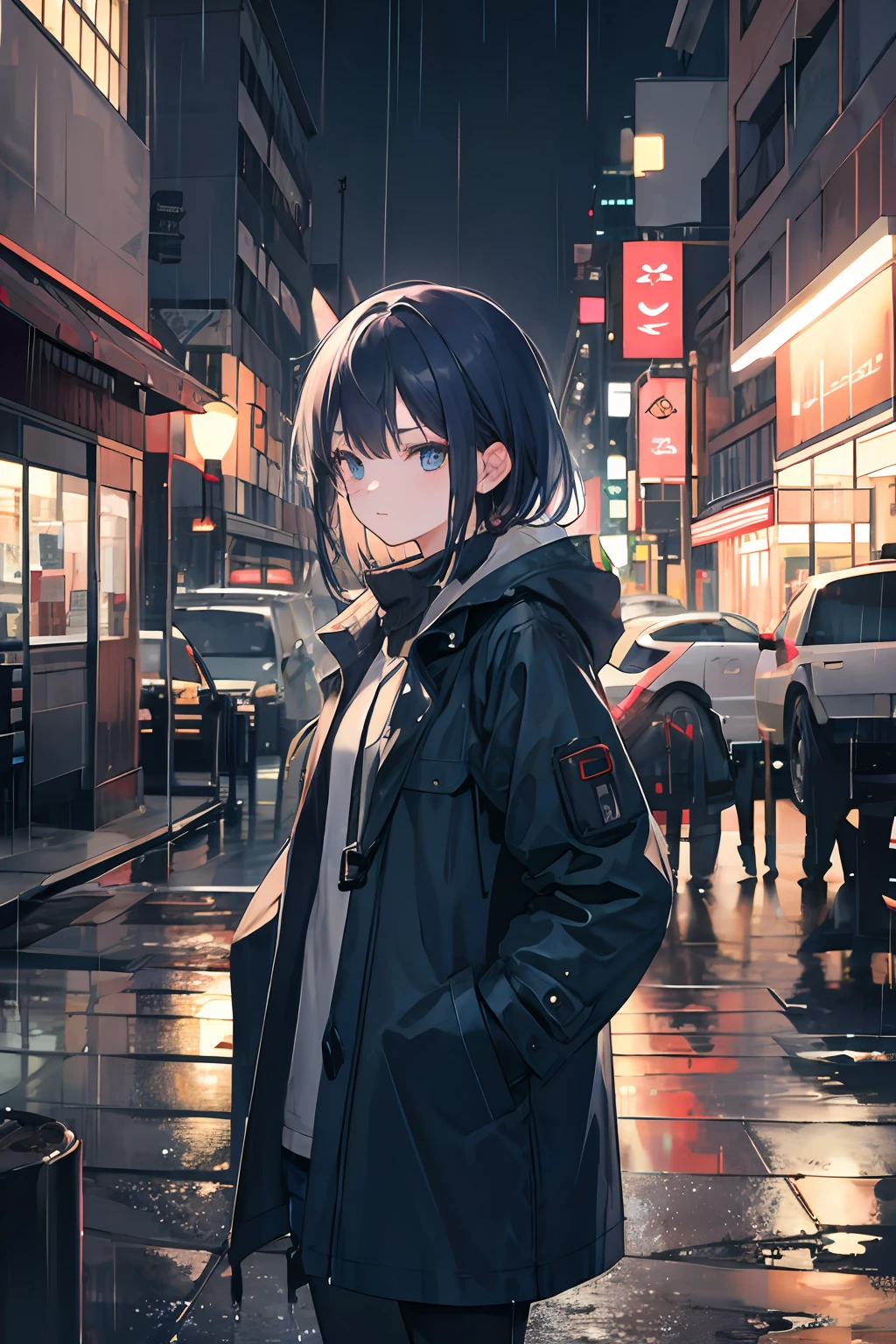 1girl, Night City, rain, coat, hands in pockets