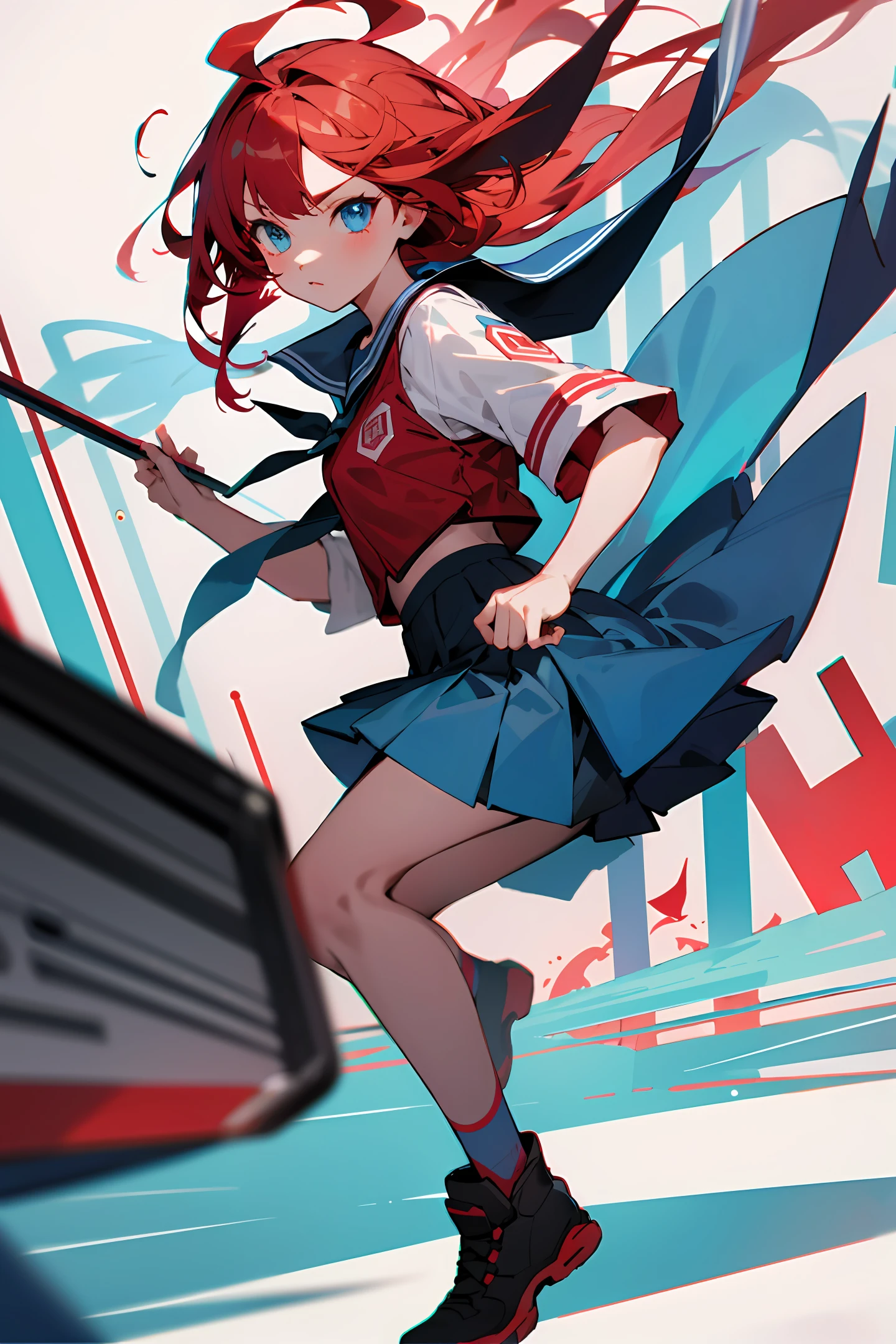 one girls,a skirt,quadratic element,school ground,rnlong hair,red tinted hair,blue color eyes,stocklings,stooped