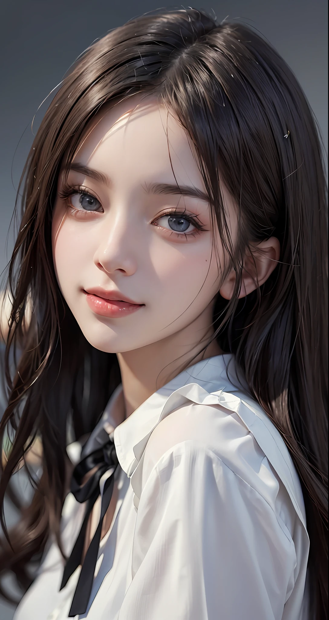 Masterpiece, 1 Beautiful Girl, Detailed, Swollen Eyes, Top Quality, Ultra High Resolution, (Reality: 1.4), Original Photo, 1Girl, Cinematic Lighting, Smiling, Japanese, Asian Beauty, Korean, Clean, Super Beautiful, Little Young Face, Beautiful Skin, Slender, Cyberpunk Background, (ultra realistic), (high resolution), (8K), (very detailed), (best illustration), (beautifully detailed eyes), (super detailed), (wallpaper), (detailed face), viewer looking, fine detail, detailed face, pureerosfaceace_v1, smiling, 46 point slanted bangs, looking straight ahead, neat (fashionable, plain, folded collar, irregular, shirt feeling, date dress), body facing front, realistic photo,