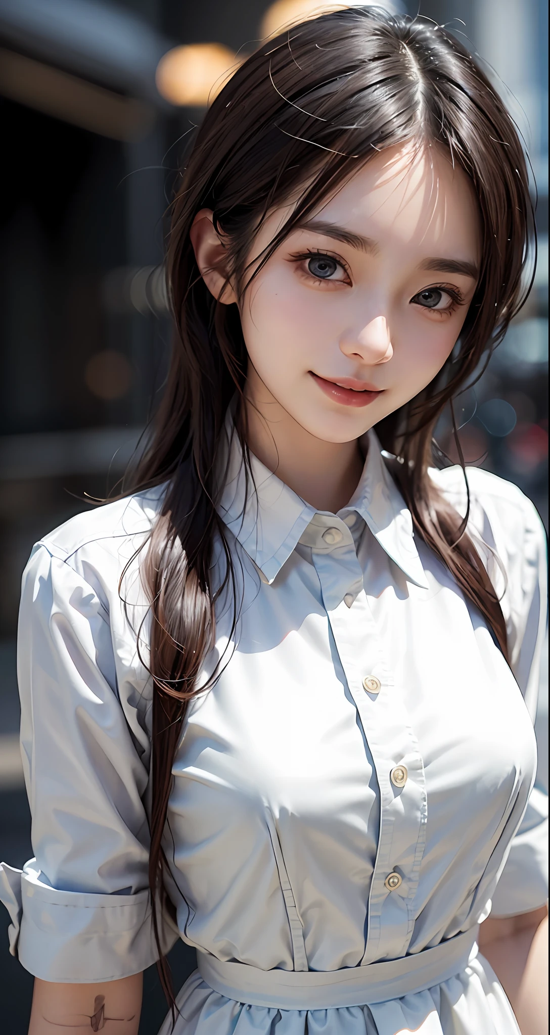 Masterpiece, 1 Beautiful Girl, Detailed, Swollen Eyes, Top Quality, Ultra High Resolution, (Reality: 1.4), Original Photo, 1Girl, Cinematic Lighting, Smiling, Japanese, Asian Beauty, Korean, Clean, Super Beautiful, Little Young Face, Beautiful Skin, Slender, Cyberpunk Background, (ultra realistic), (high resolution), (8K), (very detailed), (best illustration), (beautifully detailed eyes), (super detailed), (wallpaper), (detailed face), viewer looking, fine detail, detailed face, pureerosfaceace_v1, smiling, 46 point slanted bangs, looking straight ahead, neat (fashionable, plain, folded collar, irregular, shirt feeling, date dress), body facing front, realistic photo,