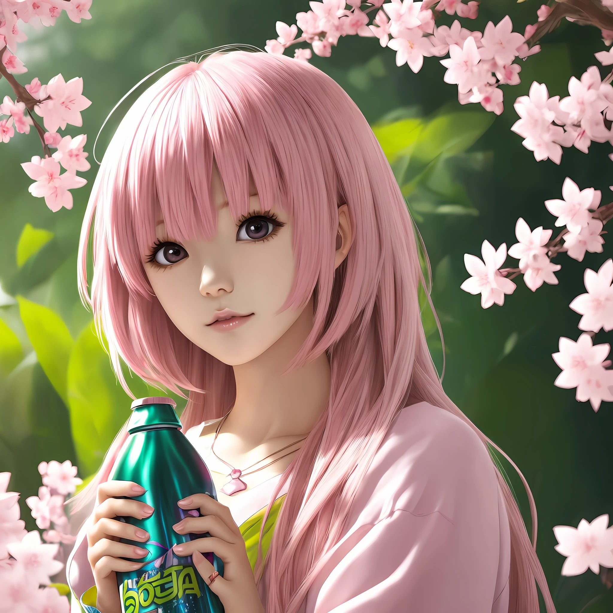 anime girl with pink hair holding a bottle of soda, anime visual of a cute girl, anime girl named lucy, anime girls drink Energy drink, anime best girl, saori, iwakura lain, Sakura Kinomoto, anime moe art style, Cute anime girl, cute girl with short pink hair, close up iwakura lain, with pink hair --auto