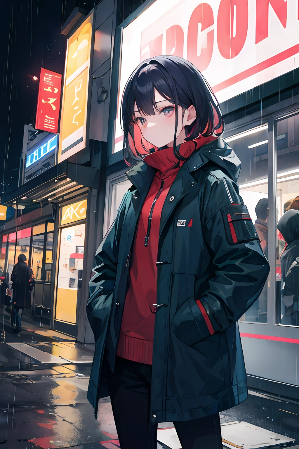 1girl, Night City, rain, coat, hands in pockets