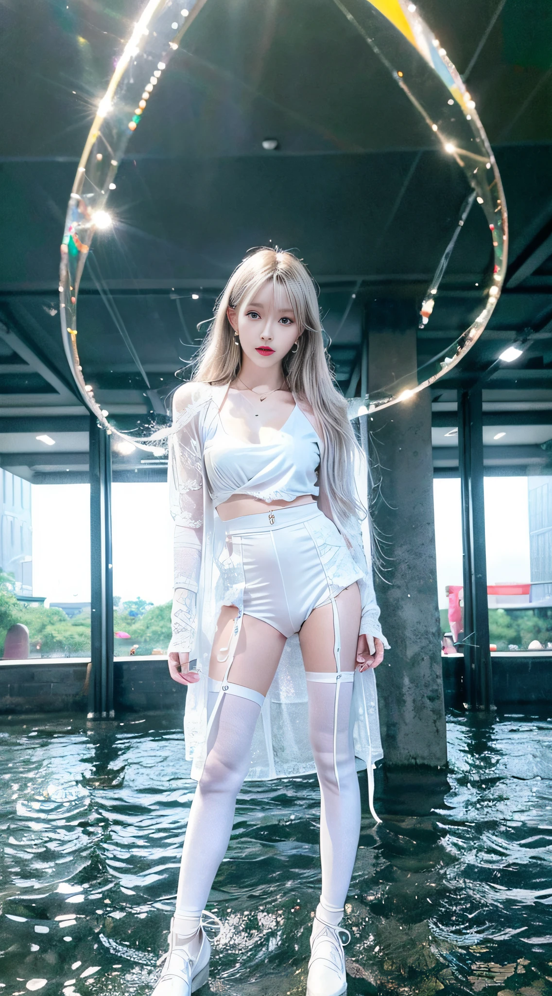 (best quality, masterpiece, high resolution, glow, flood, lens glare, wide angle), sunlight, full body, 1 [Chinese|Russian|Japanese|Korean] girl, solo,((mei red:1.1) clothes), necklace, jewelry, long hair, earrings, super delicate face, beautiful face, perfect hands,full face blush, (perfect eyes) and ( long eyelashes: 1.4), glowing pupils, (white stockings: 0.9), realism, (high detail skin: 1.2), 8k ultra hd, DSLR, high quality, volumetric lighting, frank, high resolution, 4K, 8K, background bokeh, dream forest, radiant garlic, feather drop effect, morning, foreground, f/16