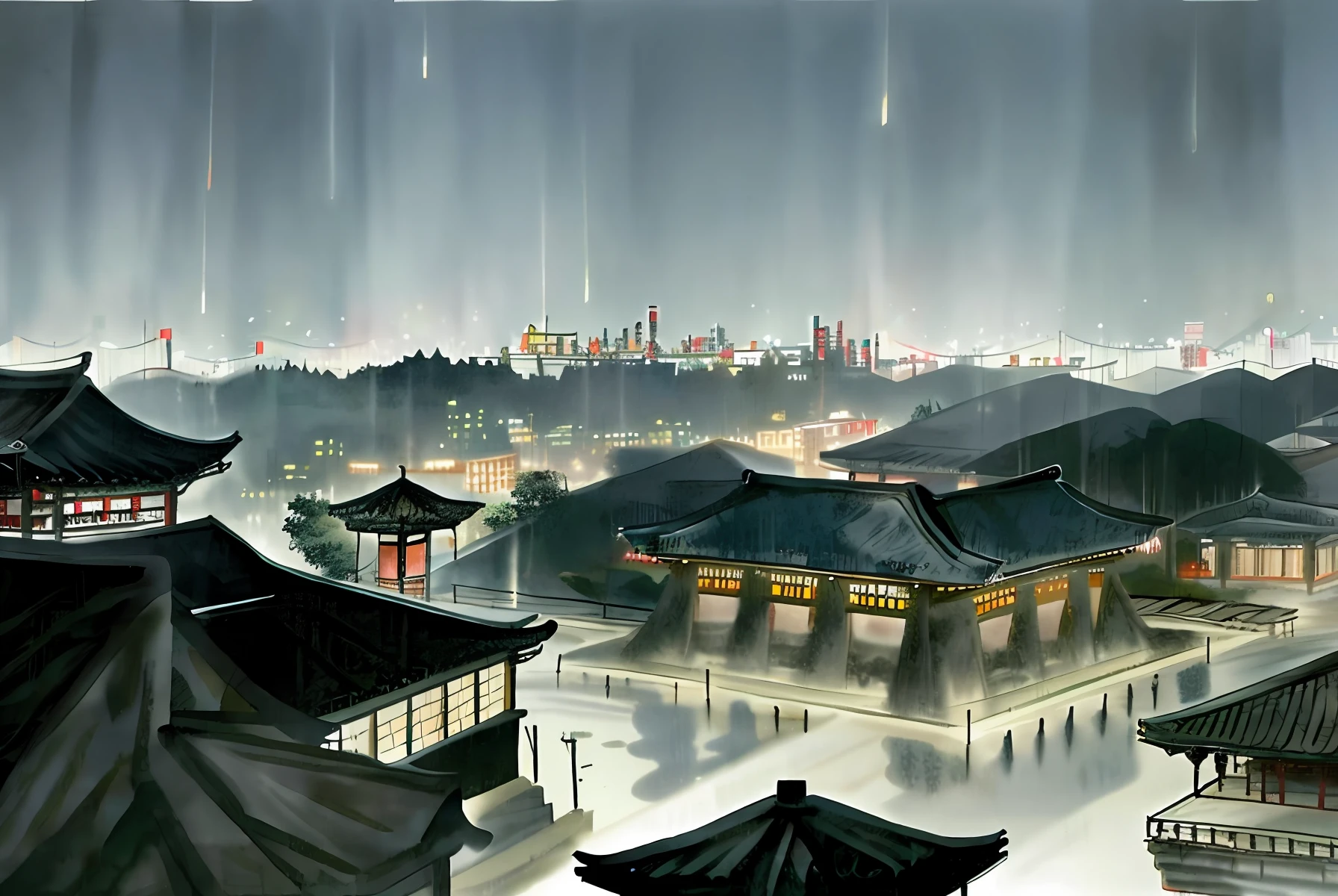 arafed view of a village with a lot of lights on the buildings, dreamy chinese town, chinese village, amazing wallpaper, japanese town, japanese village, hyper realistic photo of a town, old asian village, japanese city, by Raymond Han, rainy evening, cyberpunk chinese ancient castle, beautifully lit buildings, at evening during rain, beautiful and aesthetic, photography, cinematic, 8k, high detailed ((Heavy rain)))