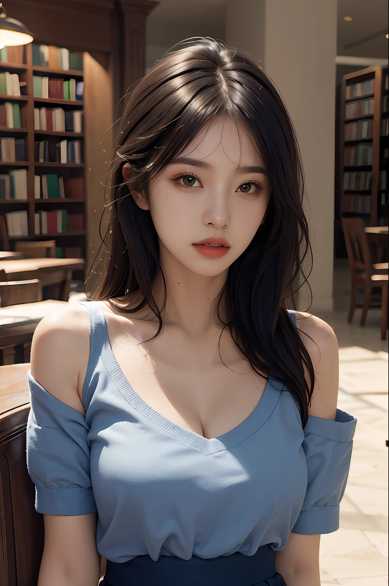 1girl,solo,(lshort-sleeved JK_sailor),JK_style,(dark blue JK_skirt),(bow JK_tie),(Inside the library:1.2),realistic,fully body,black hair,long hair,black eyes,lips,parted lips,collarbone,bare shoulders,portrait,nose,Best quality,masterpiece,ultra high res,(photorealistic:1.4),raw photo,