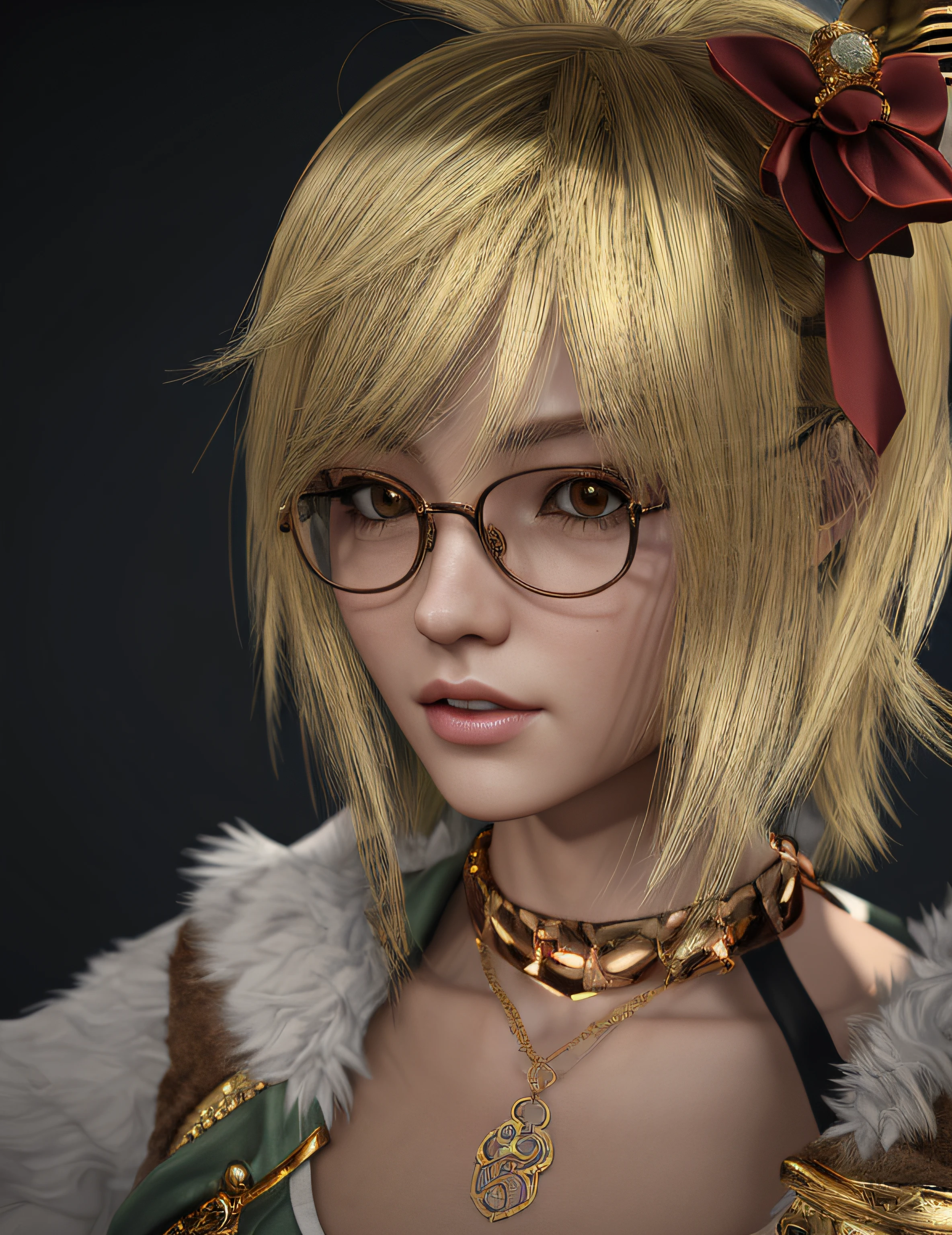 arafed woman with glasses and a gold necklace and a teddy bear, render of april, photorealistic anime girl render, 8k portrait render, close up character, highly detailed character, hyperdetailed fantasy character, with very highly detailed face, character close up, render of a cute 3d anime girl, character close-up,