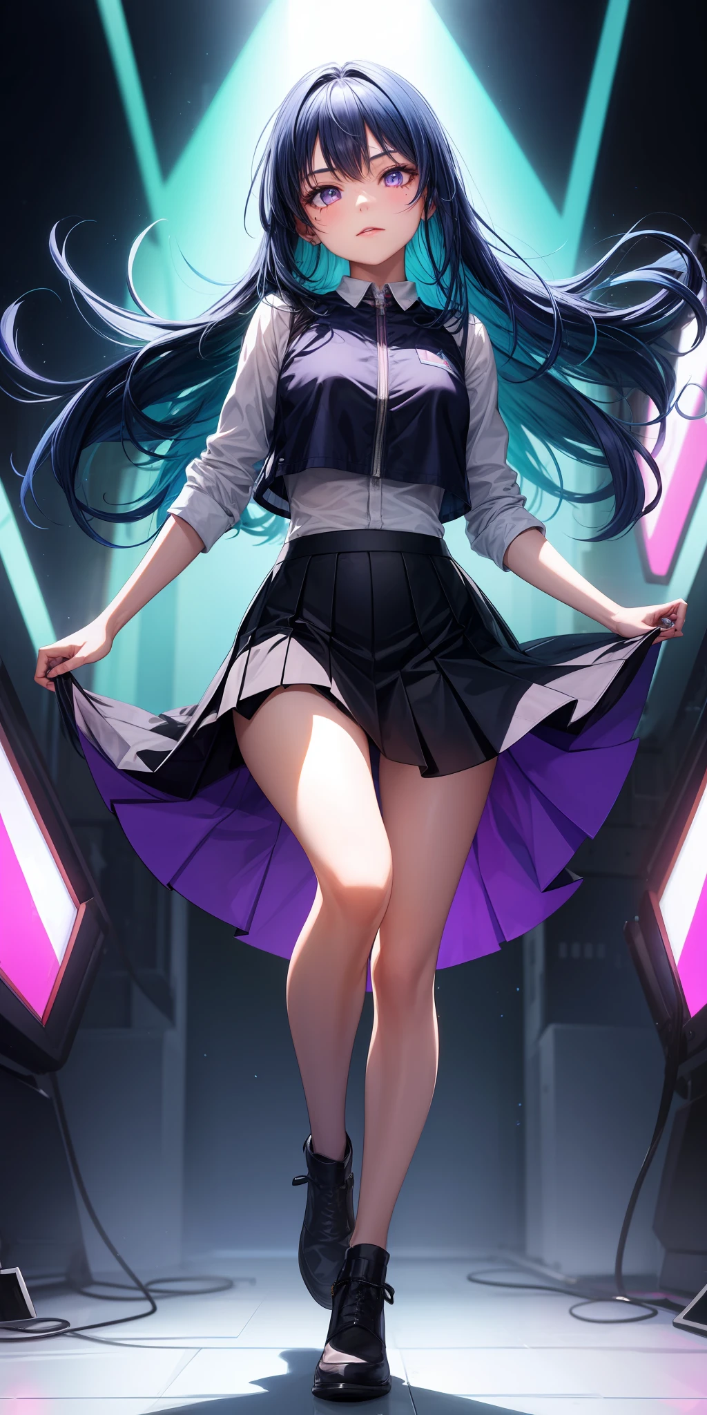 1girl,Blue hair,Purple eye,glowing light eyes,Cut the top,a skirt,Be red in the face,a skirt,your legs