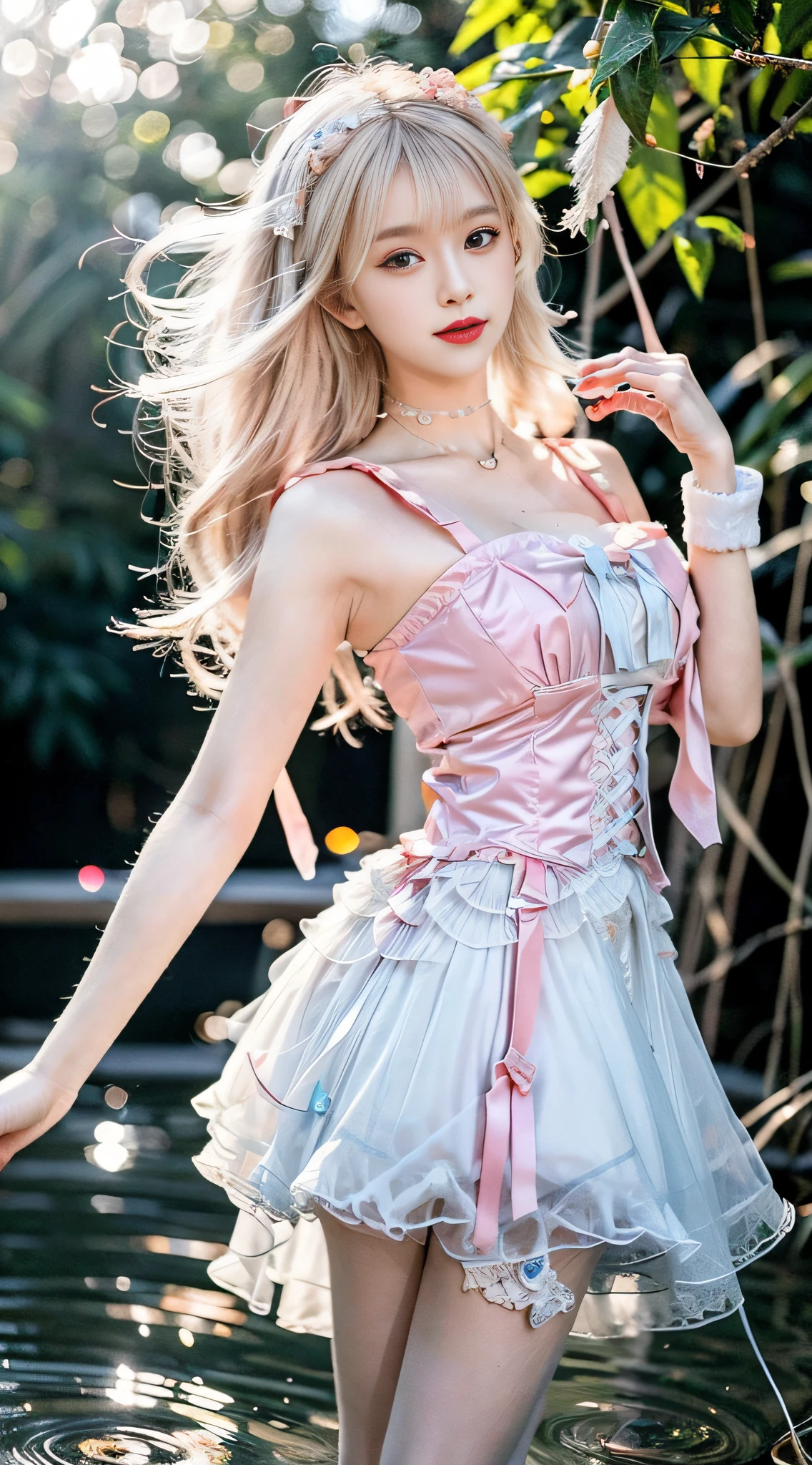 (best quality, masterpiece, high resolution, glow, flood, lens glare, wide angle), sunlight, full body, 1 [Chinese|Russian|Japanese|Korean] girl, solo,((mei red:1.1) clothes), necklace, jewelry, long hair, earrings, super delicate face, beautiful face, perfect hands,full face blush, (perfect eyes) and ( long eyelashes: 1.4), glowing pupils, (white stockings: 0.9), realism, (high detail skin: 1.2), 8k ultra hd, DSLR, high quality, volumetric lighting, frank, high resolution, 4K, 8K, background bokeh, dream forest, radiant garlic, feather drop effect, morning, foreground, f/16