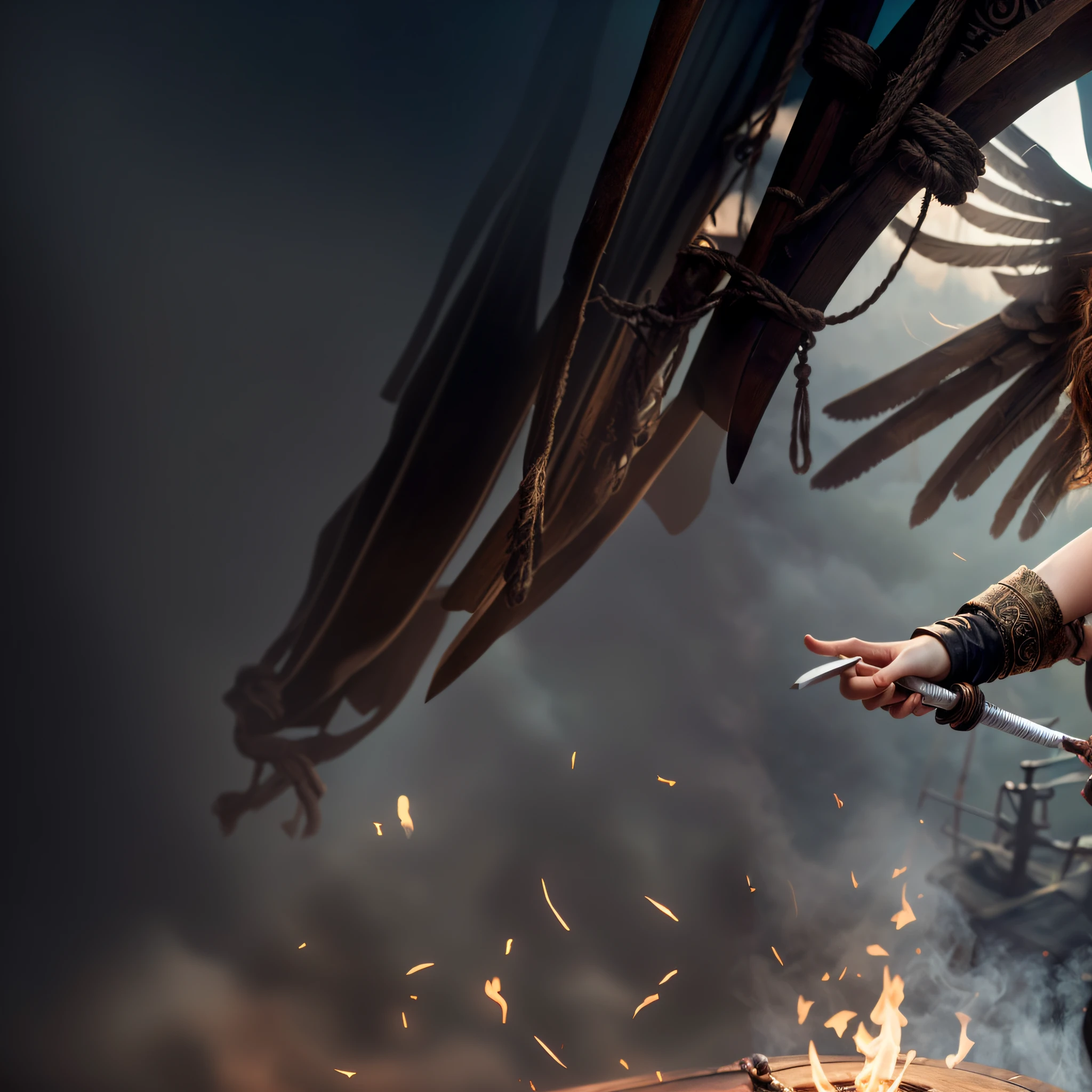 ((good evil image)), ((Zarina)), pirate outfit, pirate hat, old rings, rope, a hairpin for a sword, leather from an old shoe for her corset, a lot of netting and cotton fabric shirt, from a distance:1.4, ((slim body)), ((skinny)), ((flat chest)), ((slim ass)), slim ass, full size body from front, Tinker Bell still, on a pirate ship flying in the sky, insanely detailed faces, long glittering transparent white wings, headdress intricately detailed, martial arts, volumetric lighting, perfect pupils, hair backlight, ear backlight, perfect eyes, expressive eyes, skin pores, detailed skin, detailed eyes, smoke, particle fx, mist, heavy strokes, paint drips, sidelighting, original illustration composition, deviantart, 8k resolution, muted colors, magical atmosphere, shot with hasselblad, sharp focus, dof, extremely high quality RAW photograph, intricate, Exquisite details and textures, film grain, HD, 8k, highly detailed, playboy