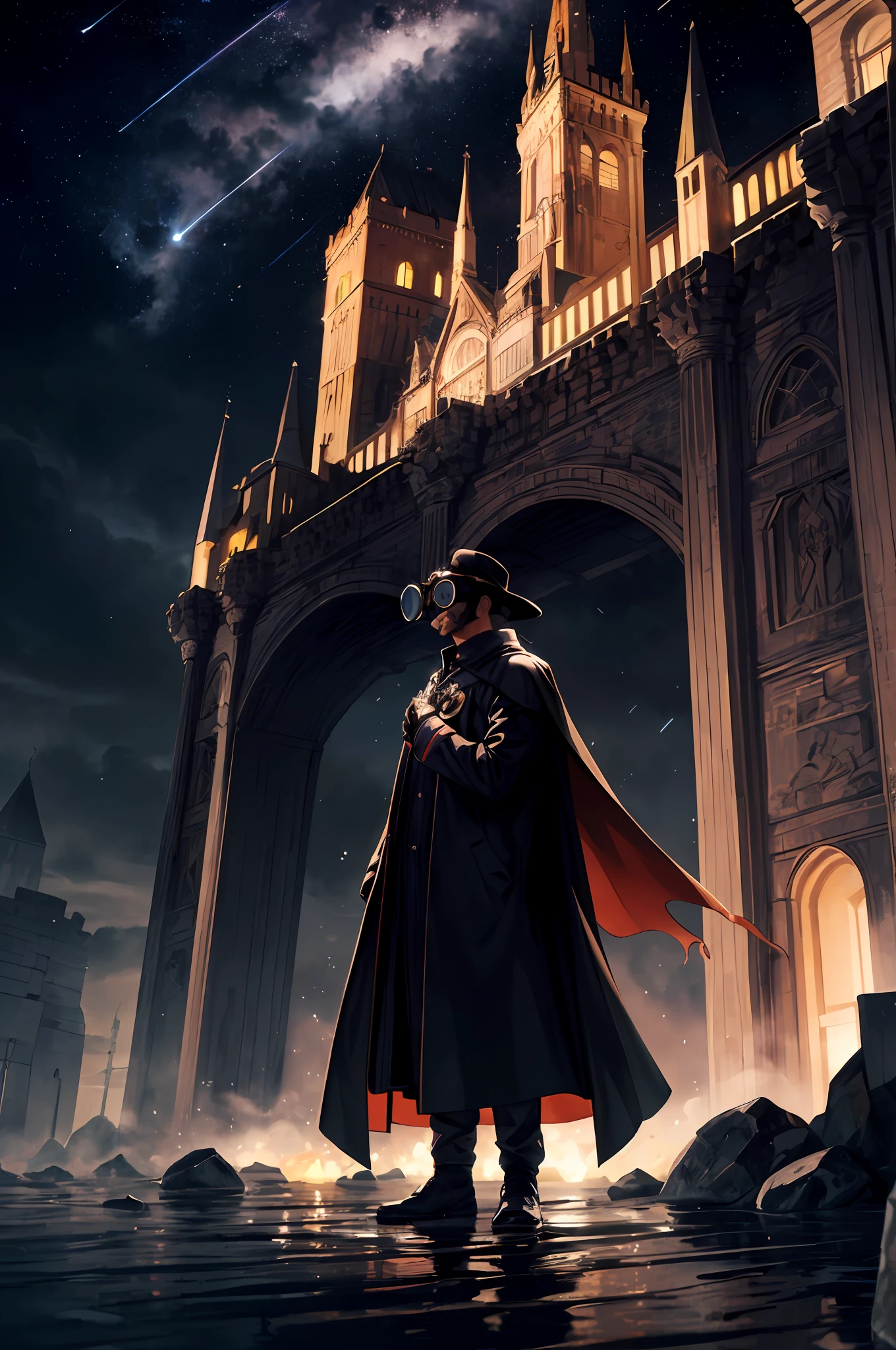 (Ultra-detailed CG quality),(Best light and shadow,Superior color)(1 man,(from end to end,first person),(floating in air),(Wear a cape),(Wear goggles:1.3),(Wear a hat),(Flowing hairstyle),(Clothes are rare,Bright colors),(The viewing angle is low,Emphasis on architecture),(Massive black buildings),(Night of heavy rain),(meteor shower),(Castle, From top to bottom)