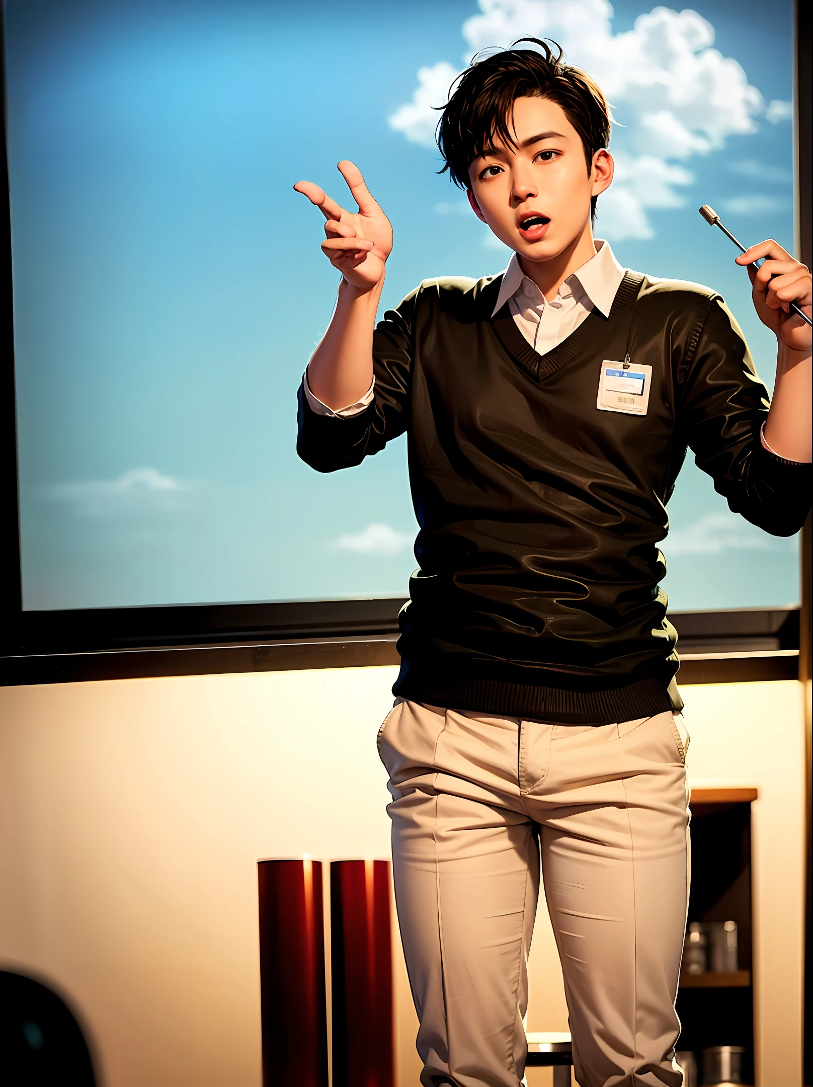 Asian slightly chubby young male dentist giving popular science lecture at school