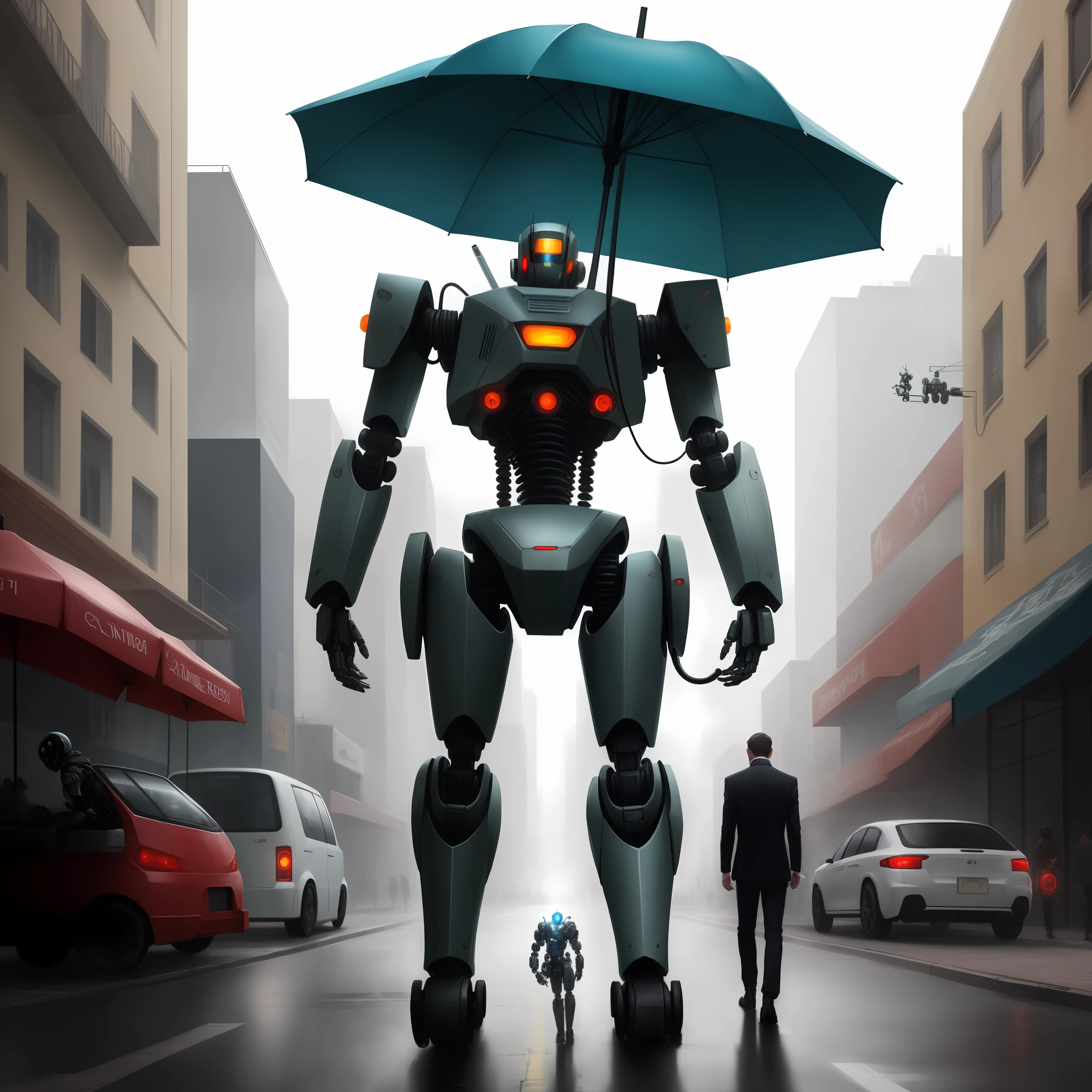 There is a robot standing in the city, Death Robot, futuristic robotic, Mechanical punk,Biological modification,Umbrella