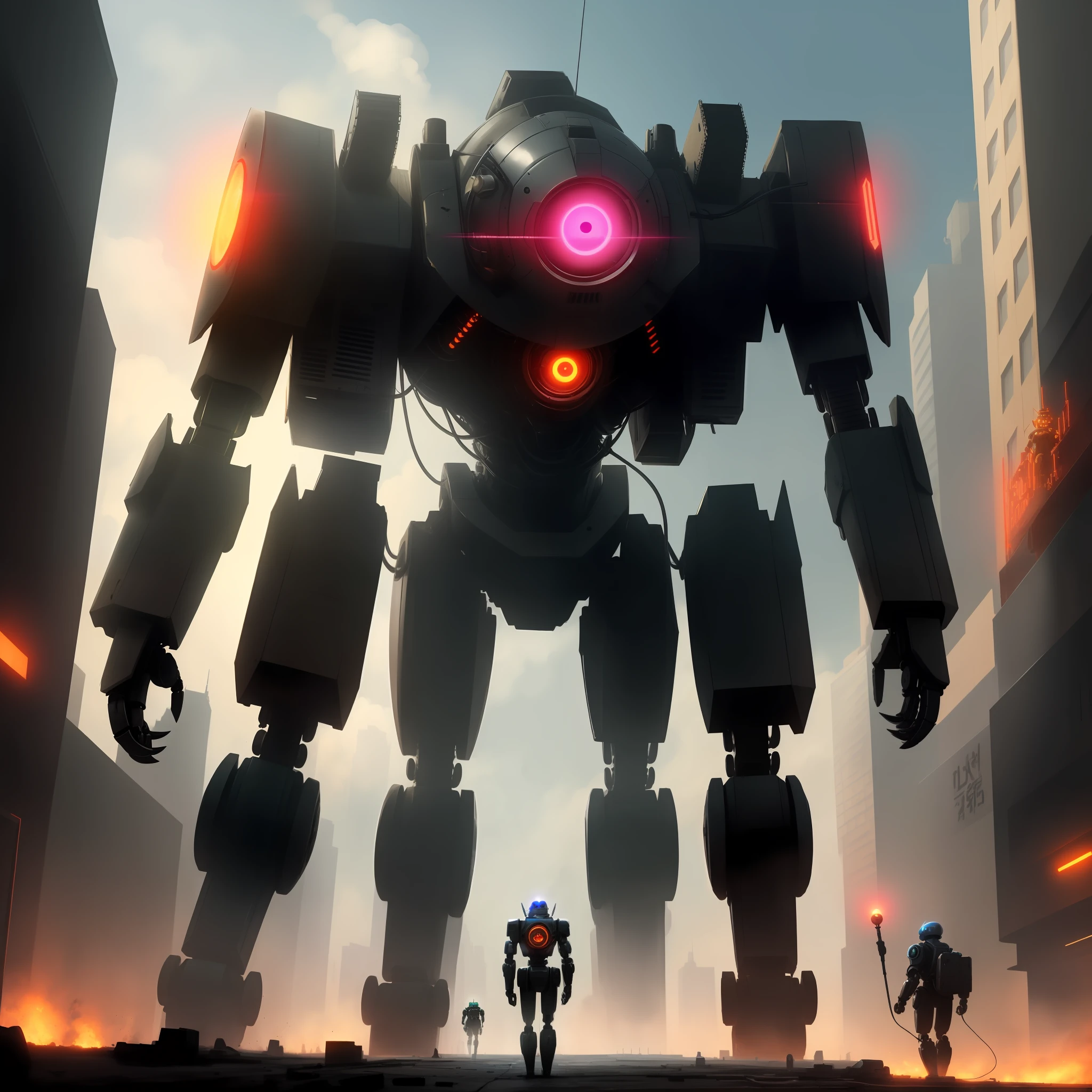 there is a robot with a glowing eye standing in a city, Death and robots, futuristic robot devil, Mechanical punk,Biological modification
