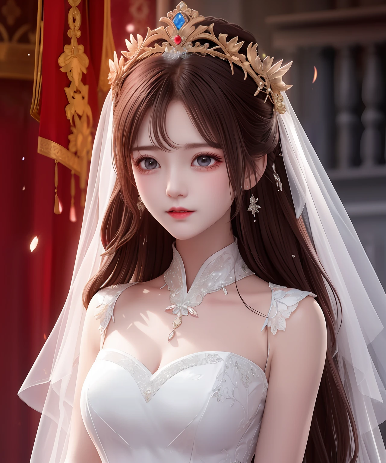 ancient wind,the bride,Red wedding dress,Gorgeous phoenix crown,Grief sheds tears,Upper body close-up,Beautiful lighting。