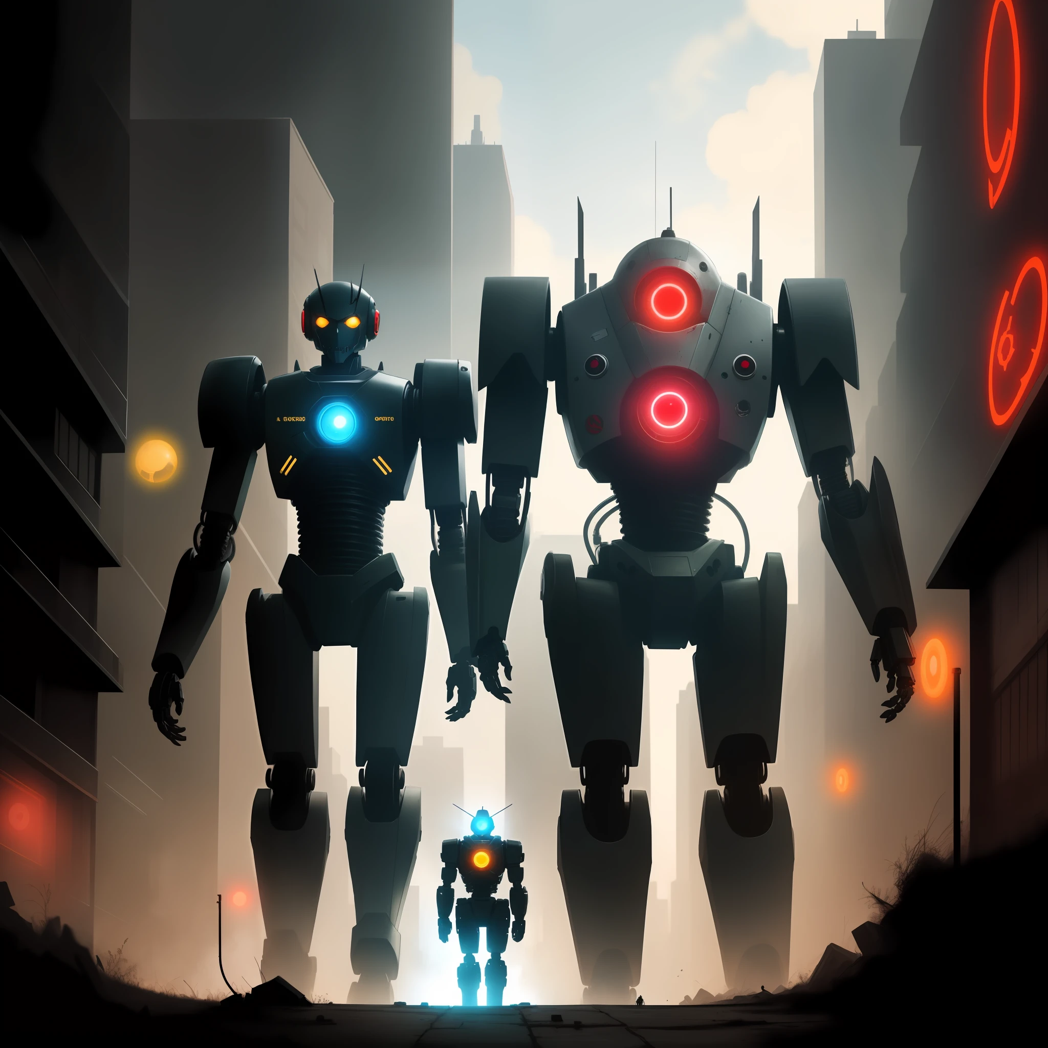 there is a robot with a glowing eye standing in a city, Death and robots, futuristic robot devil, Mechanical punk,Biological modification