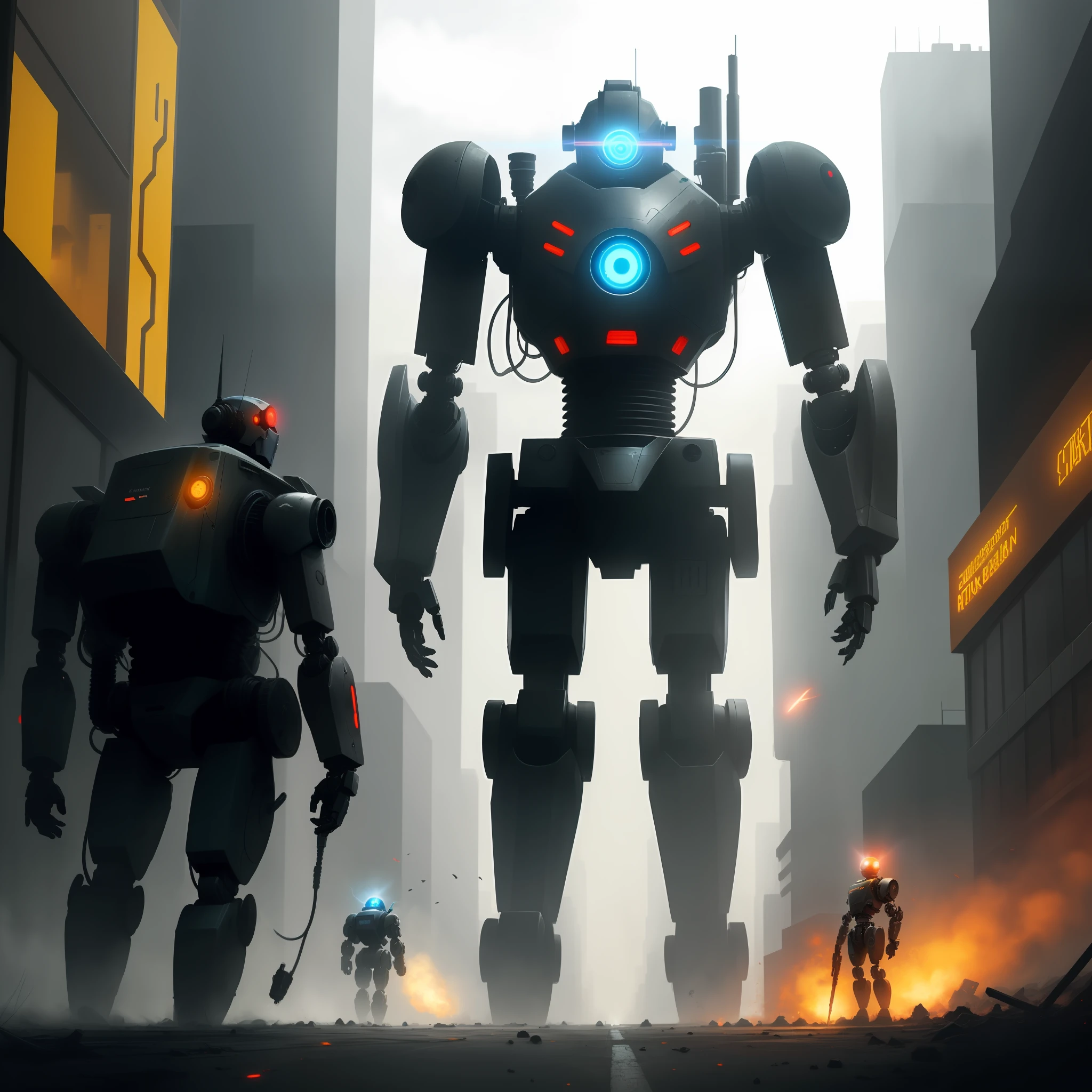 there is a robot with a glowing eye standing in a city, Death and robots,  futuristic robot devil, Mechanical punk，Biological modification