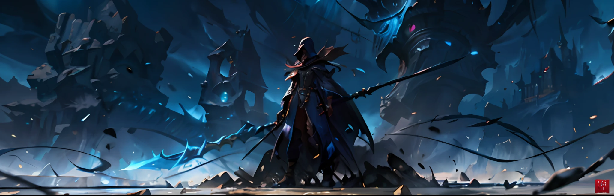 anime scene of a woman in a black cloak and a sword, 《league of legend》Casas in , world of warcraft splash art, Unreal Engine fantasy art, lich, guillem h. pongiluppi, iconic character splash art, Splash Art, dark cloaked necromancer, character splash art, Arte do Jogo de Cartas de Fantasia, Rosla global lighting, deathknight