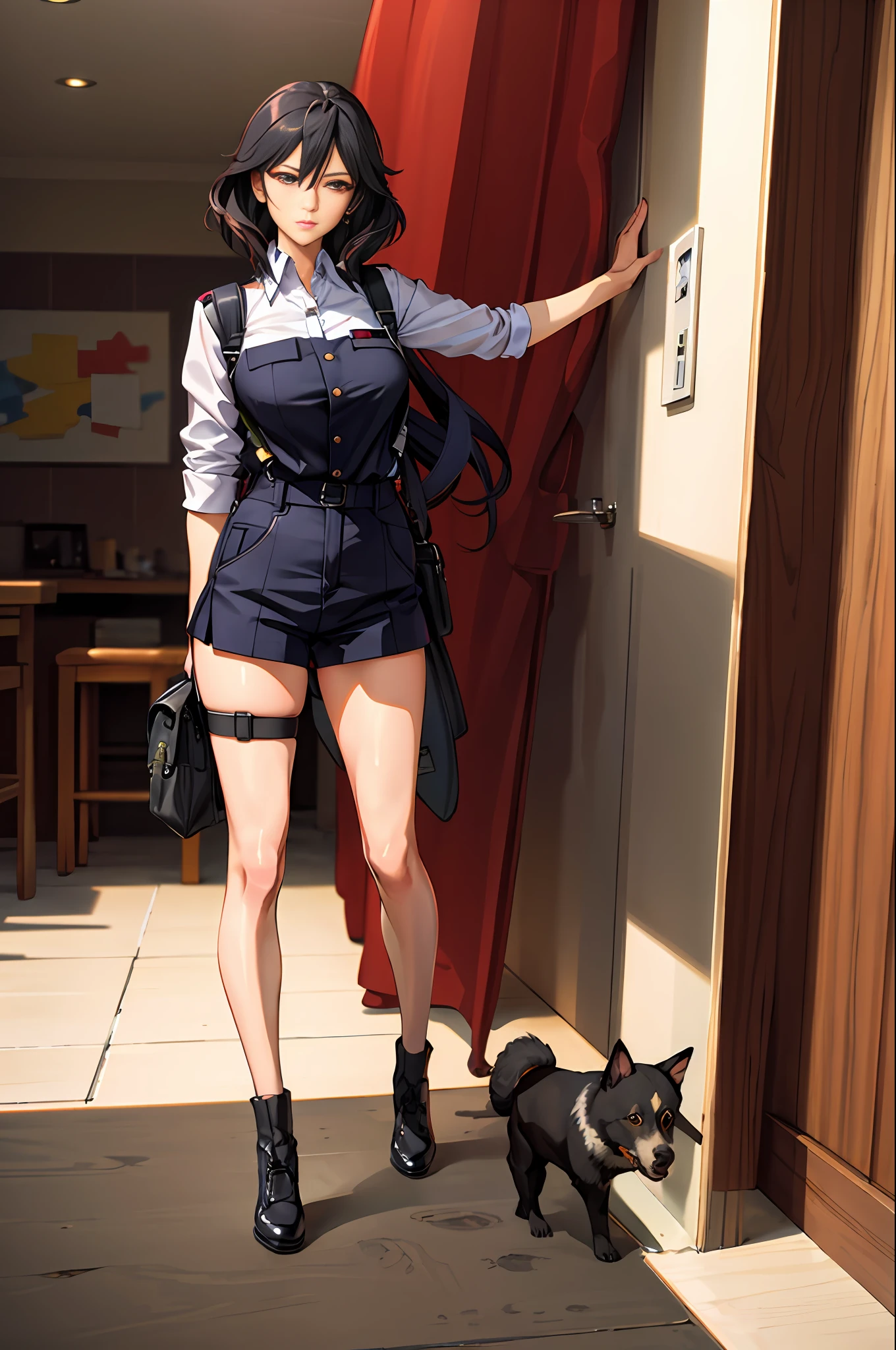 （best qualtiy，tmasterpiece，offcial art，A high resolution：1.2），extremaly detailed cg， Uniform hue ，8k wallpaper，photograph realistic，ultra - detailed，（A woman with a dog：1.2），（highdetailskin：1.2），（large tities：1.1），Full body like， The legendary sexy goddess，Extremely sexy ，rnlong hair，curlies ，underpant，stocklings，Suspenders，Game heroine，Sexy and beautiful