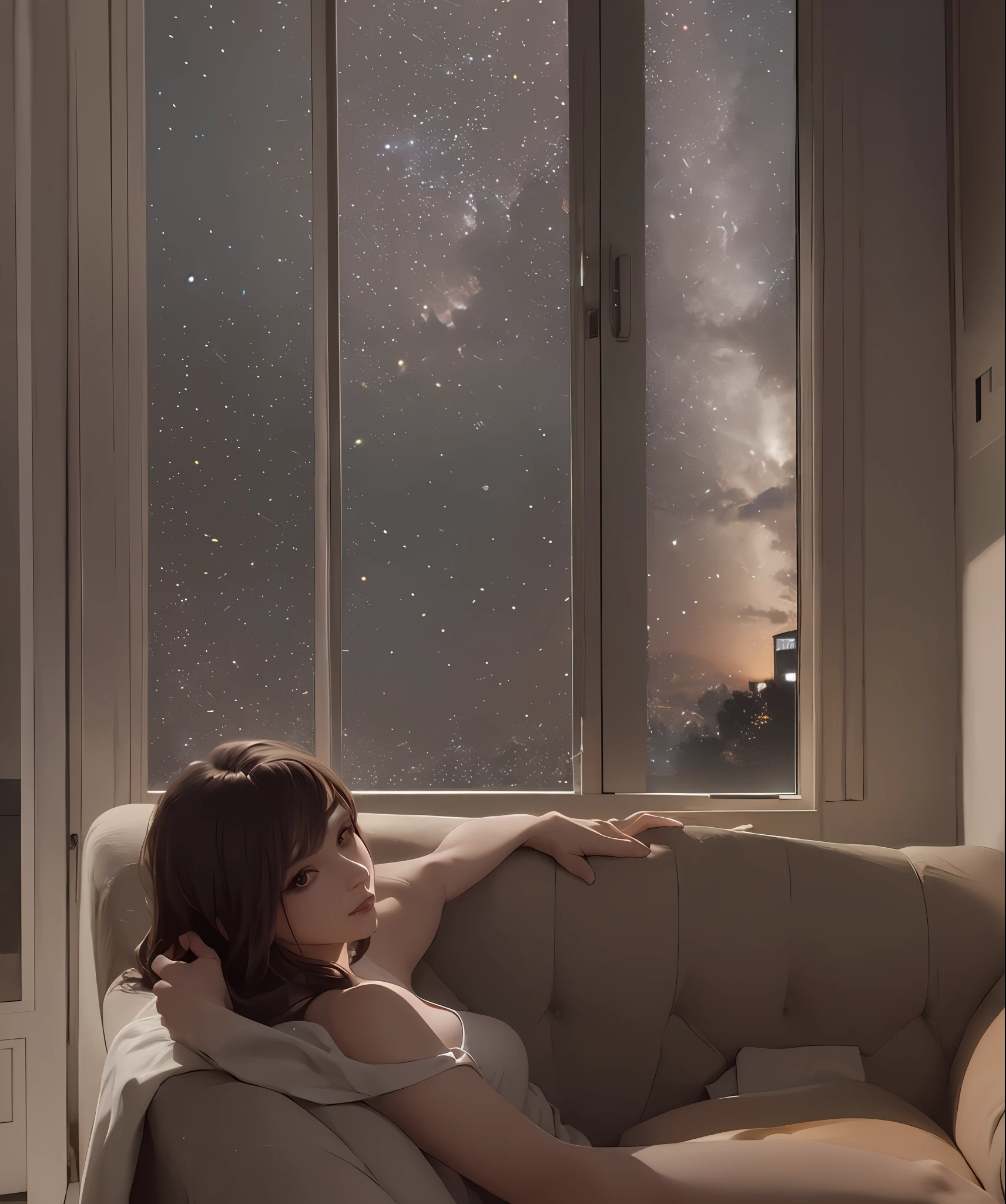 ((Night view, realistic light, best quality, 8k, masterpiece: 1.3)), 1girl, pretty woman with slim figure: 1.4, (brown hair, medium breasts: 1.3), off-the-shoulder cut top: 1.3, sofa, super detailed face, detailed eyes, double eyelids