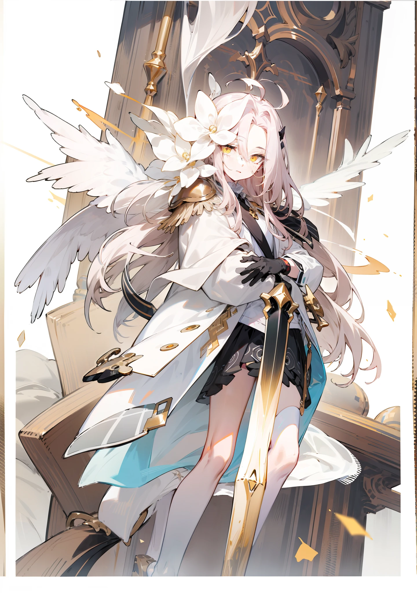 Need,tmasterpiece,whaite hair,Golden eyes,white coats,Overlooking,The upper part of the body,Hairline,Fair skin,White wrinkled skirt