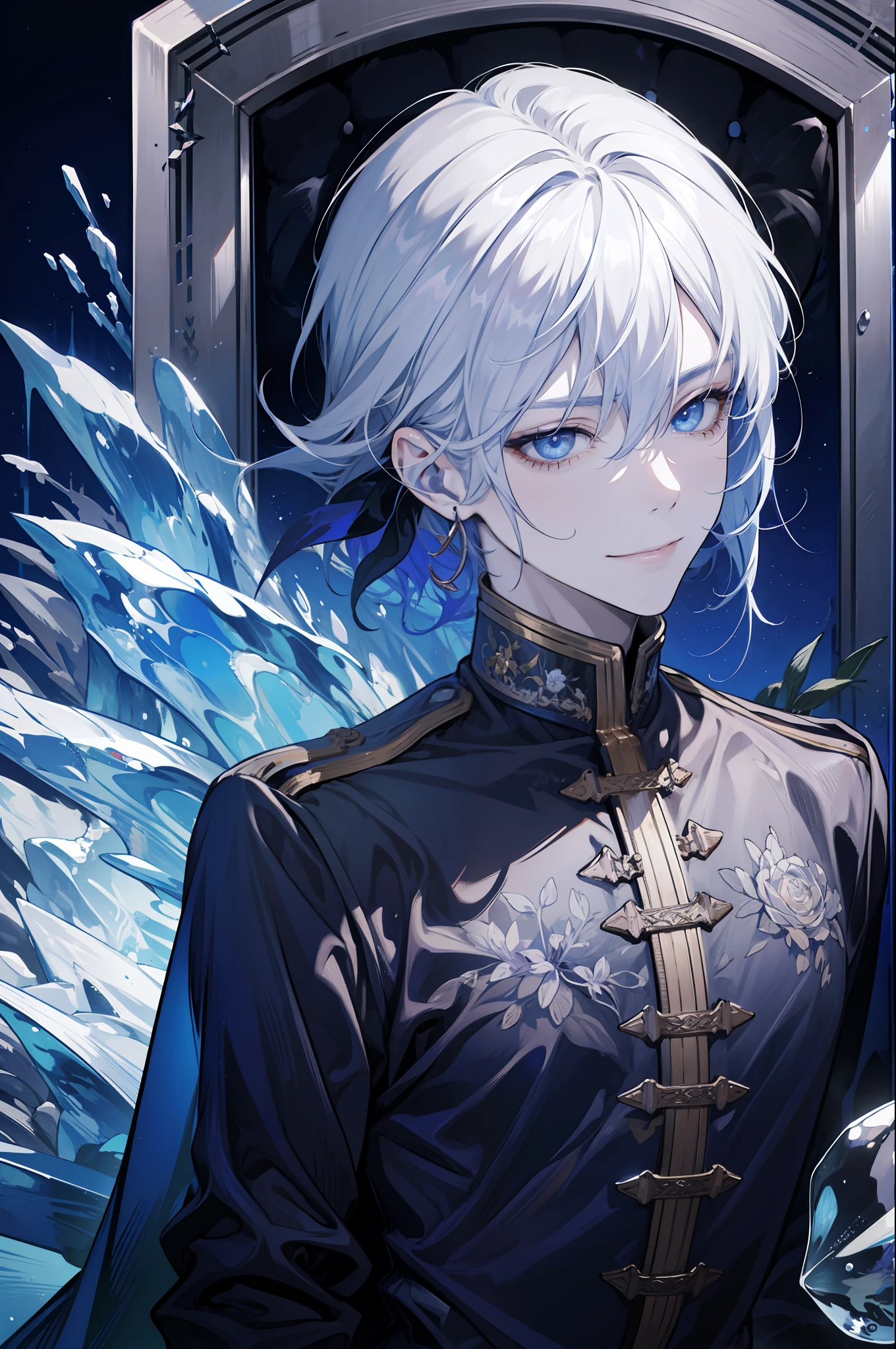 (absurdres, highres, ultra detailed), 1 male, adult, handsome, tall muscular guy, broad shoulders, finely detailed eyes, dark color hair, fantasy, complex pattern, detailed face, throne, magic effect, best ratio four finger and one thumb, ice, bitter cold, cold snap, smile, (dutch angle), closed mouth