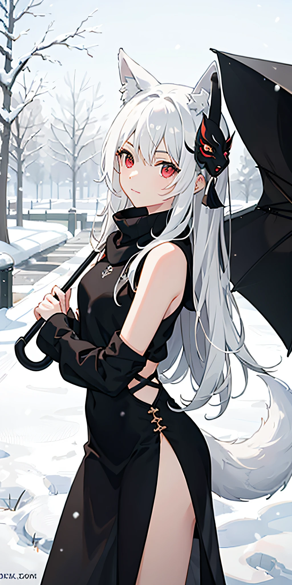 1girll,White hair,Dark red eyes,Wearing a fox mask,Sideslit,light particules,the wallpaper,snowy day,holding a umbrella