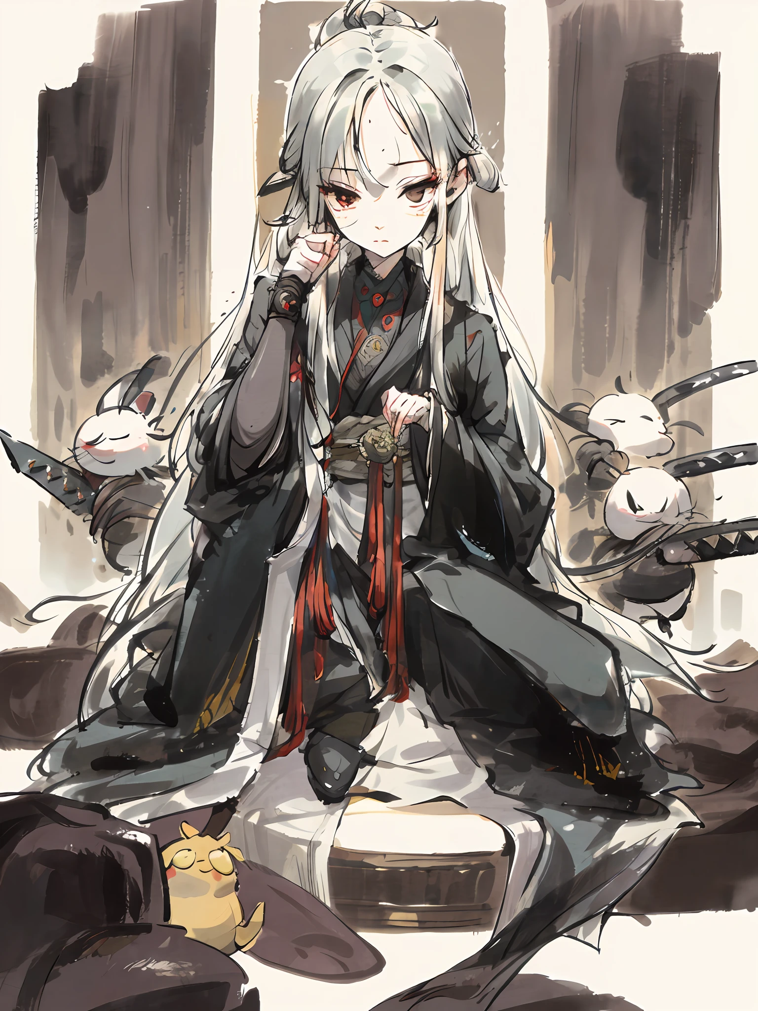 Humanoid rats（Full body like），Samurai statue，Need，Old，Hold knives in both hands，Yamanaka，sitting cross-legged，Practice，Close your eyes，Long beard，Multiple wrinkles