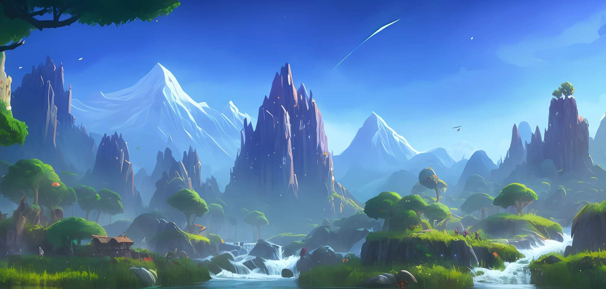 a close up of a video game with a mountain and a river, avatar landscape, Stylized concept art, stunning arcanum backdrop, fantastic screenshot art, ultra wide gameplay screenshot, gigantic landscape!, lush alien landscape, colorful concept art, alien forest in background, made of tree and fantasy valley, epic landscapes, epic environment, Flying Island in the Sky, background artwork