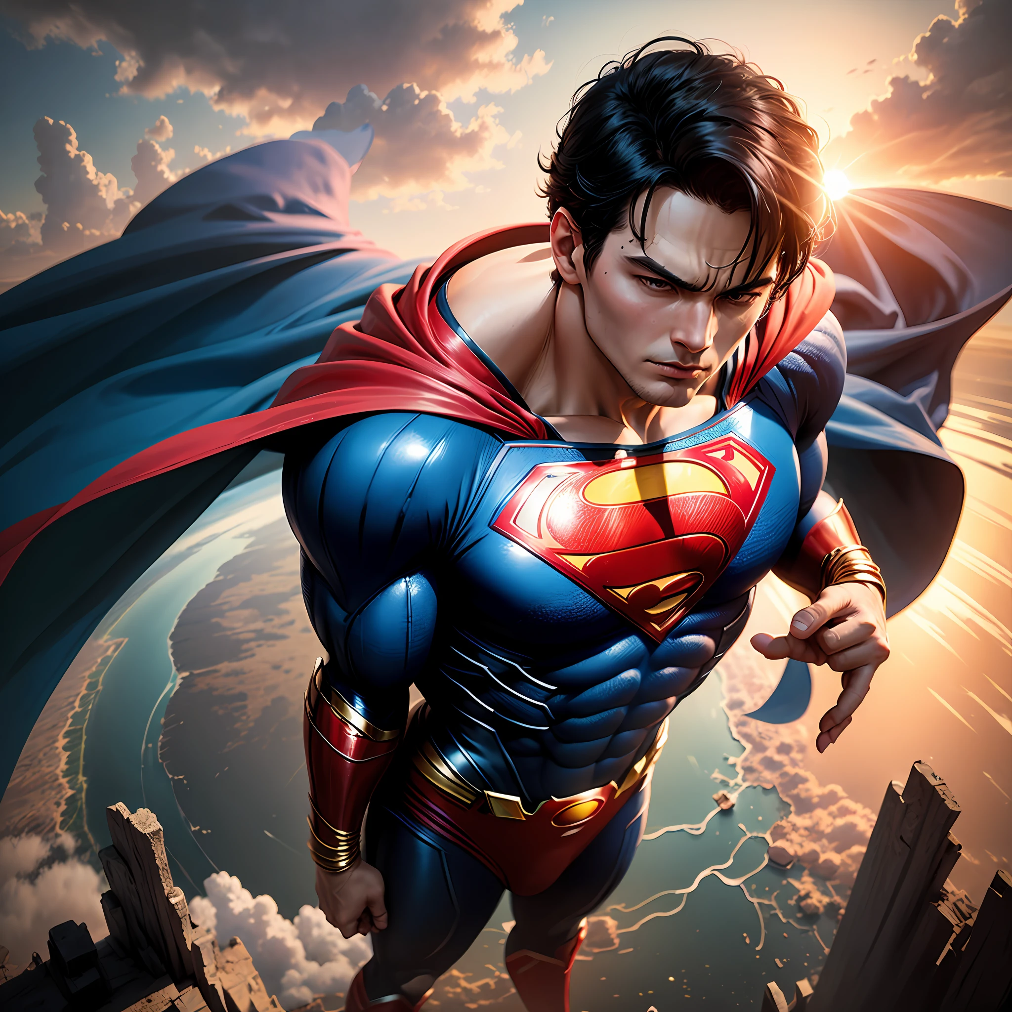 Superman Carl Al looks down on Earth,The sun rises from the edge of the earth,Mega Earth,A quarter of the earth。Superman looks down --auto