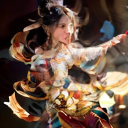 (8k, RAW photo, best quality, masterpiece:1.2), (realistic, photo-realistic:1.4), (extremely detailed CG unity 8k wallpaper), (1 girl:1.5), Western beauty, (Red clothes: 1.4), red spots on forehead, pale skin, blush, big eyes, full body, thighs, open navel, gold waist chain, gold jewelry, flying ribbons, particles, background is Loulan ancient city, ancient city wall, desert, dance, dunhuang_dress, dunhuang_style,