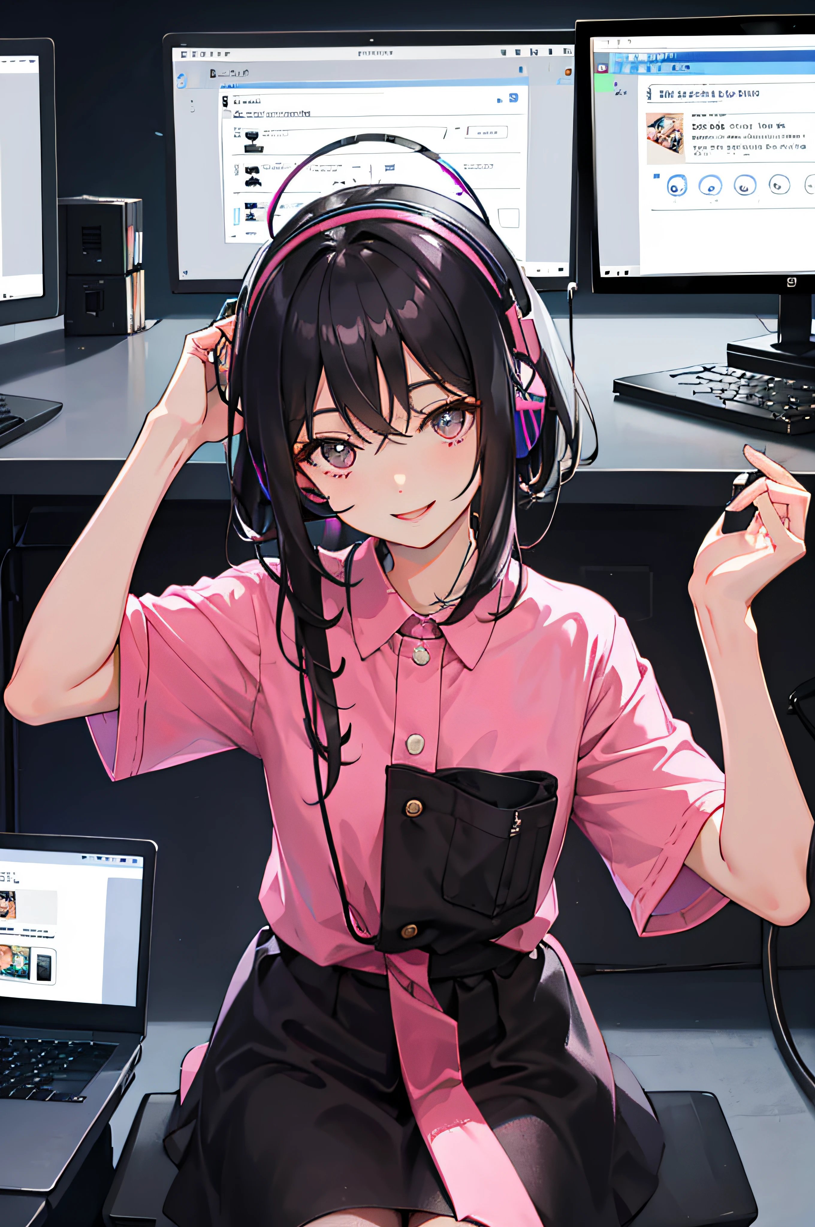（tmasterpiece，best qualtiy，exquisitedetails），1girll，ssmile，adolable，Short pink sleeves，Black hair，sitting in front of the computer，Live streaming，Live online，Headsets，Brilliant lighting
