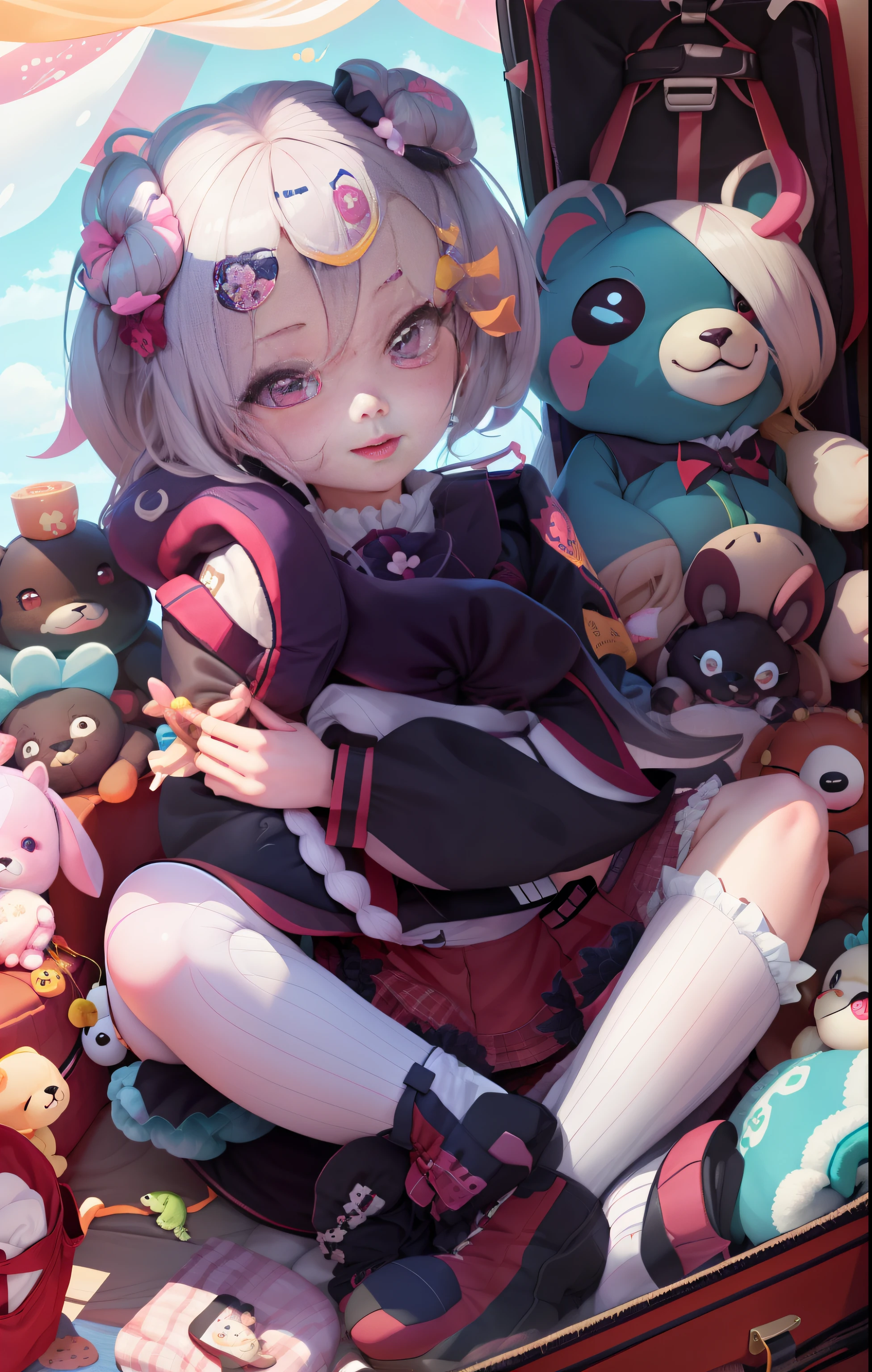 anime girl with a stuffed animal in a suitcase with other stuffed animals, Splash art anime , Lolicora inspired illustrations, chiaki nanami from danganronpa, digital art from danganronpa, Best anime 4k konachan wallpaper, lollipop, Detailed fanart, by Kamagurka, An anime cover, with a cute toad