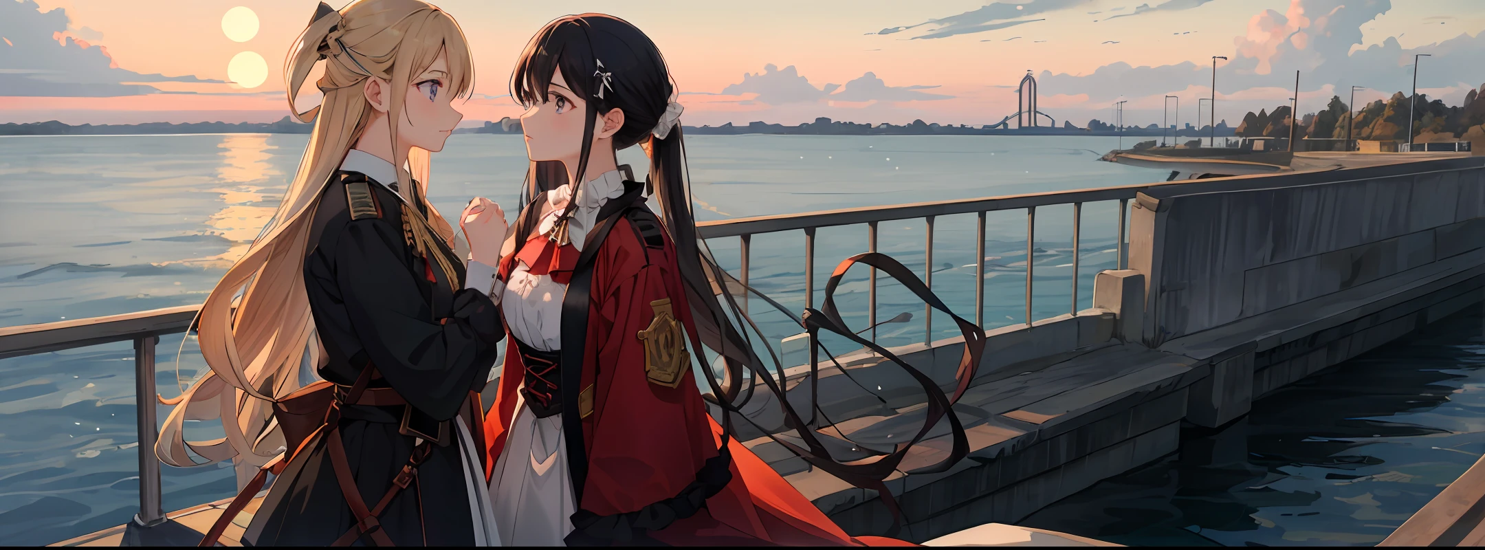 Girls in period costumes,Watch the sunset from the bridge