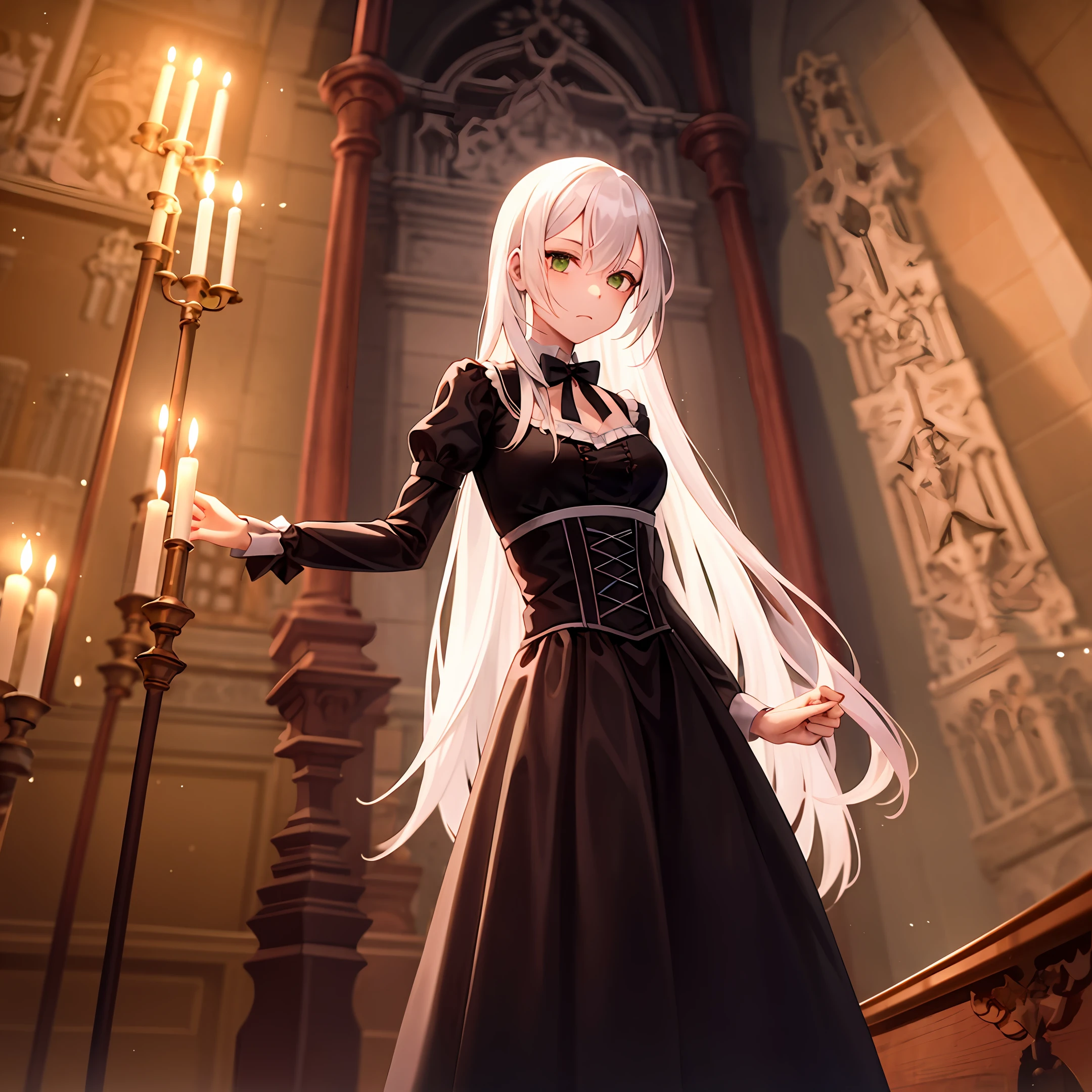 A girl in a black ta Gothic costume，In a church with candles empty，Long looks good，White hair, green eyes