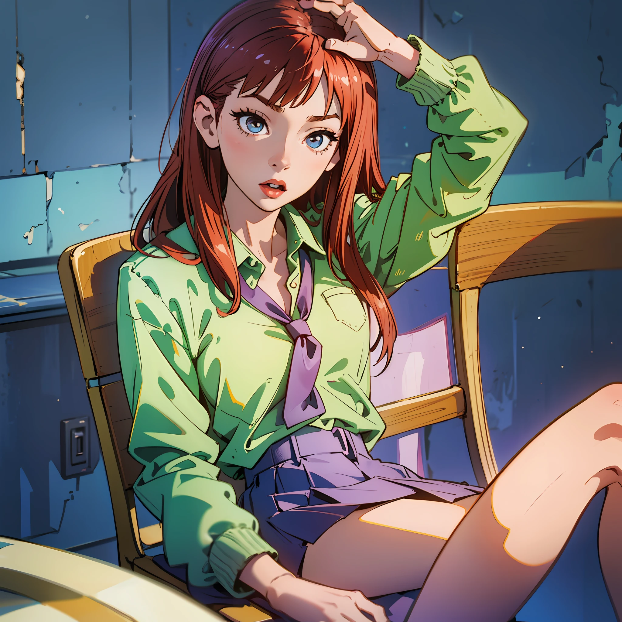 Top Quality, Photorealistic, 8K, High Definition, 1 Girl, Female, (1.8), School, girl, Blazer, Uniform, Pubic hair visible, No panties, Skirt boldly pulled up, ((Sit in chair and legs wide open)), Bend your knees and open your legs, Slightly shorter hairstyle, Grab your knees with your hands to open your legs, Buttoned shirt flutters --auto