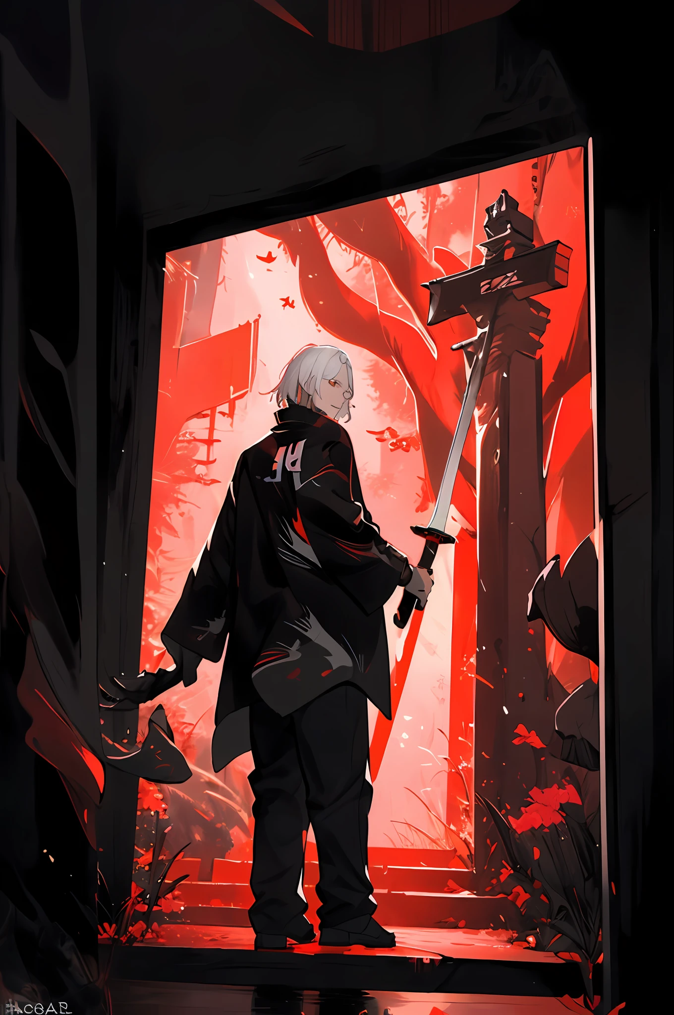(8K quality:1.5),Junior White hair:1.2,muscle men:1.1,Bone long sword:1.1,Tooth totem,Dense ferns,Antique scene,Afterimage of the red tyrannosaurus,Advanced technology:1.2,Clear HD sky:1.1,Stressful and intricate environment,It's exciting,Look back.