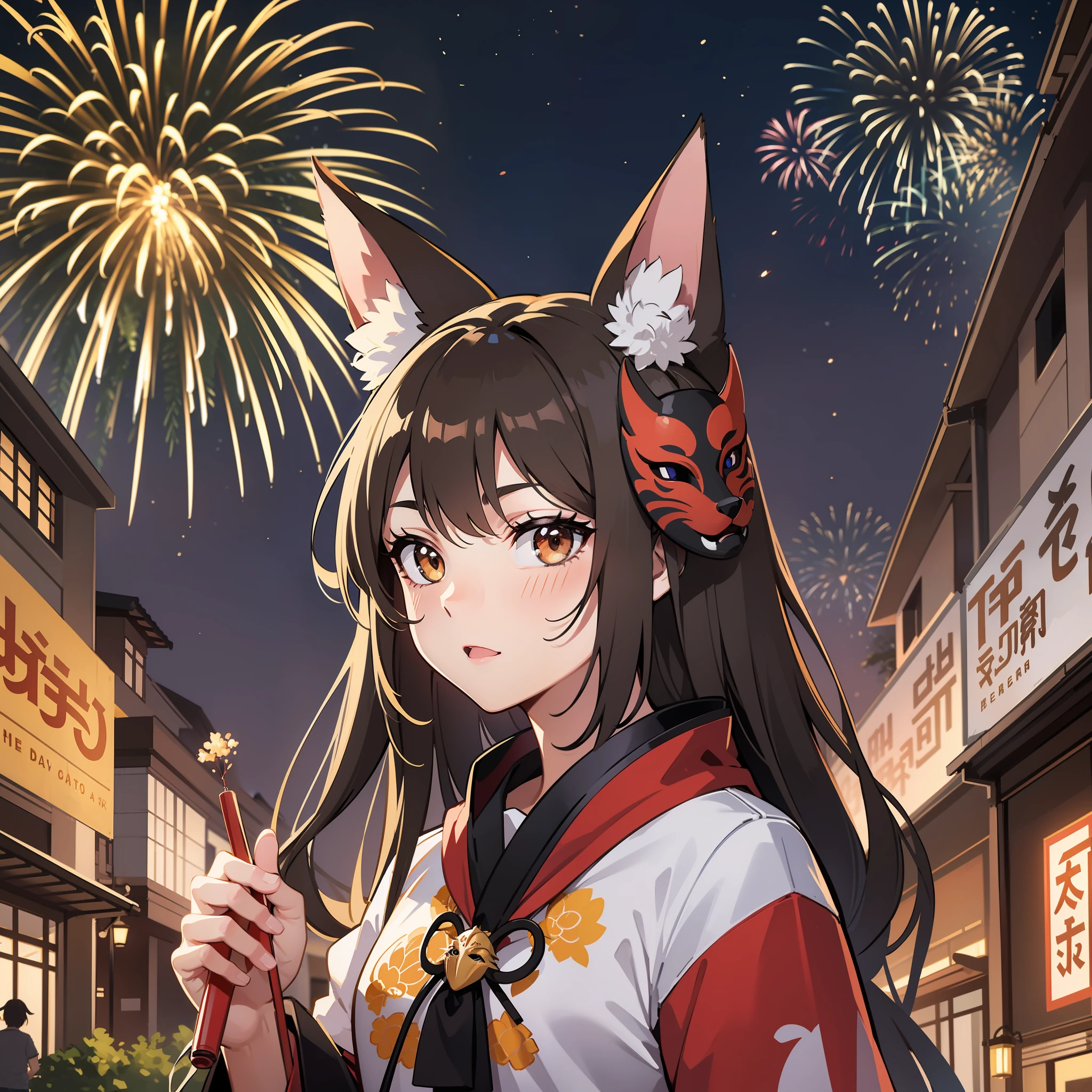 ember Fox Mask Komono Fireworks Festival Brown hair Watching fireworks high-level image quality finely best quality ren