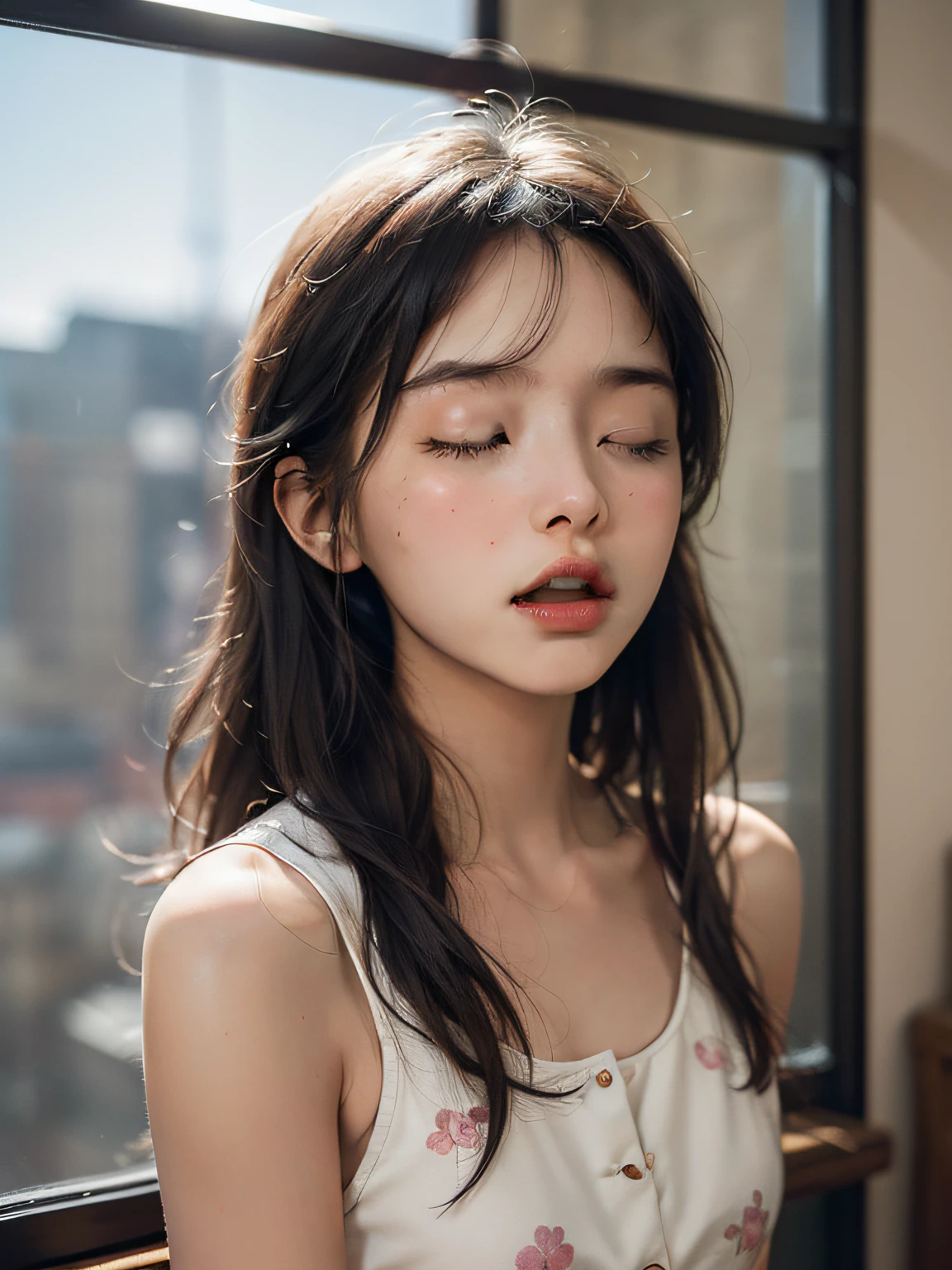 8yk、Raw photo、(masuter piece)、(finely best quality)、Hi-Res、(girl with)、(realisitic、Hphotorealistic:1.2), Upper body、sleeveless、skinny、14years、small tits、Eyes closed、Deep sadness、Sorrow、look up sky、Open mouth、screeming、a room、Background blur