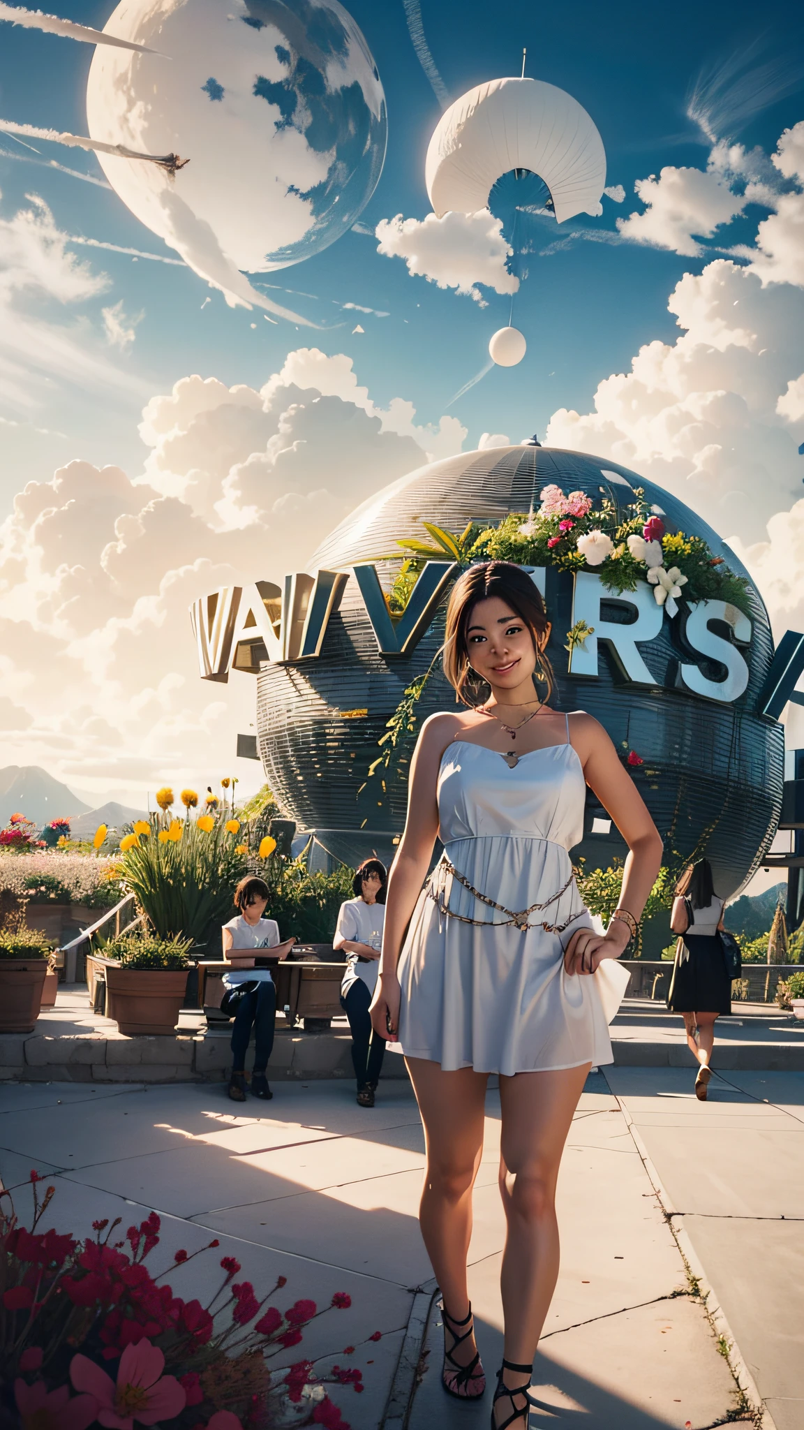 1girll,dynamic angle,Clouds and mountains,(flower field:1.4)In the foreground,white dresses,Light tracing,(Floating colorful wind:1)
(realisticlying:1.4),offcial art,Unity 8k壁纸,ultra - detailed,Beautiful and beautiful,tmasterpiece,best qualityer,Glowing skin,cinmatic lighting,Light smile, slender legs, tall and beautiful characters, all background characters removed