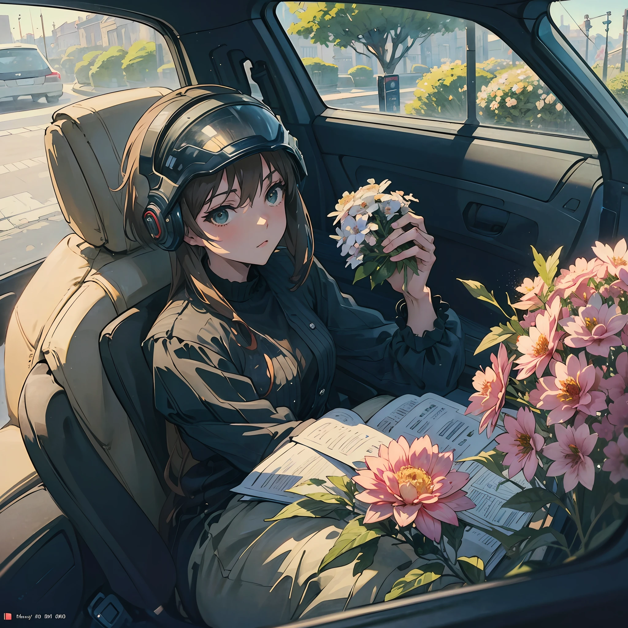 Close-up of a person sitting in a car wearing a helmet, thoughtful pose, thinking pose, back stance, Sit Pose, Stylized proportions, thick smooth warframe thighs, crouching humanoid, pose study, Casual pose, neutral pose, cell shaded adult animation, Detailed body, hands behind her body pose!, relaxed poses, Anime girl sitting on the ground,Holding flowers and cell phone, Aerith Gainsborough, beautiful aerith gainsborough, glamorous aerith portrait, Female protagonist 👀 :8, anime art style, makoto shinkai art style, romanticism lain, With flowers, author:Love light, High-quality fanart, sitting with flowers, Beautiful anime loli --auto