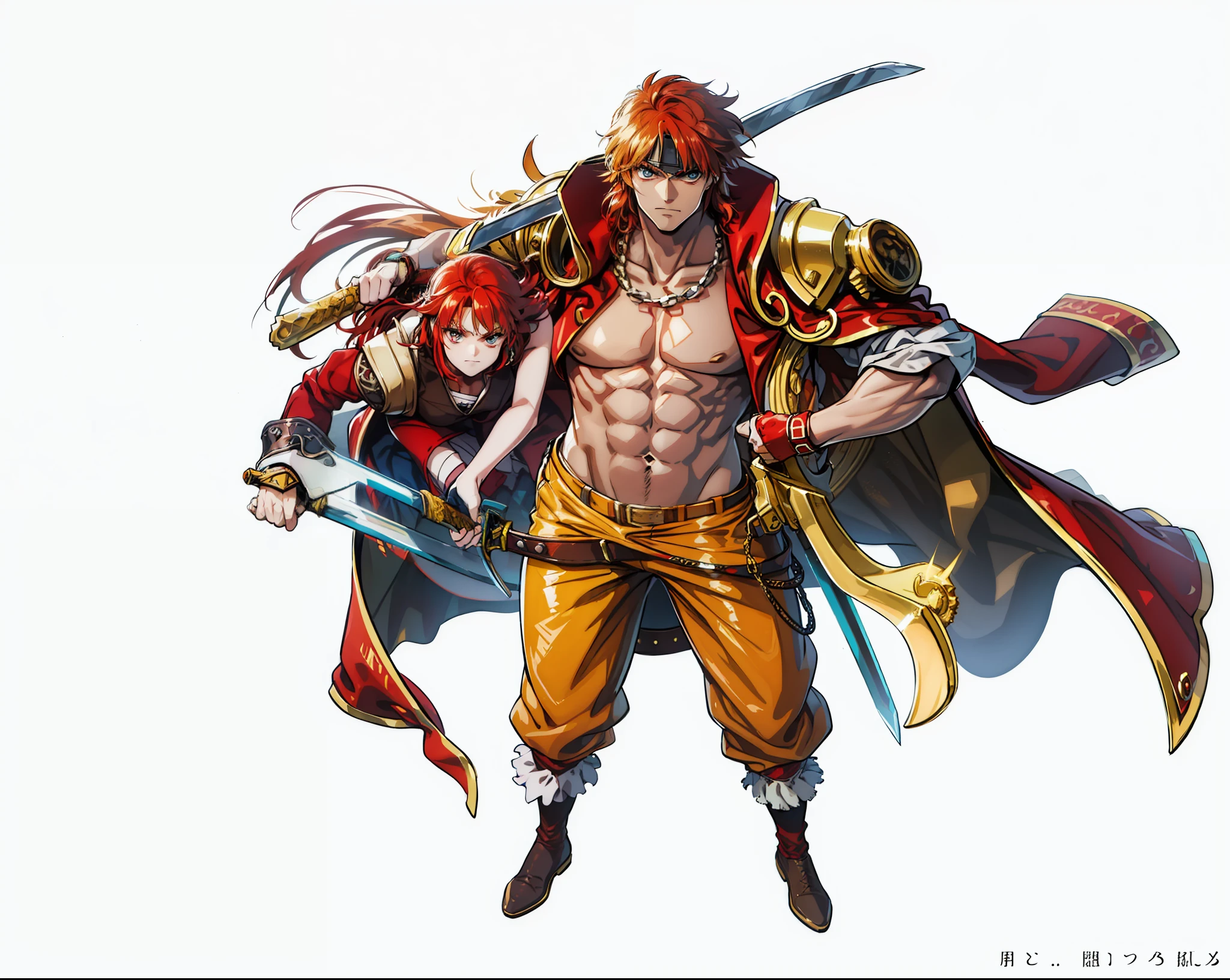 Man pirate king with brown skin red hair with red coat and red hat with sword resting on his shoulder