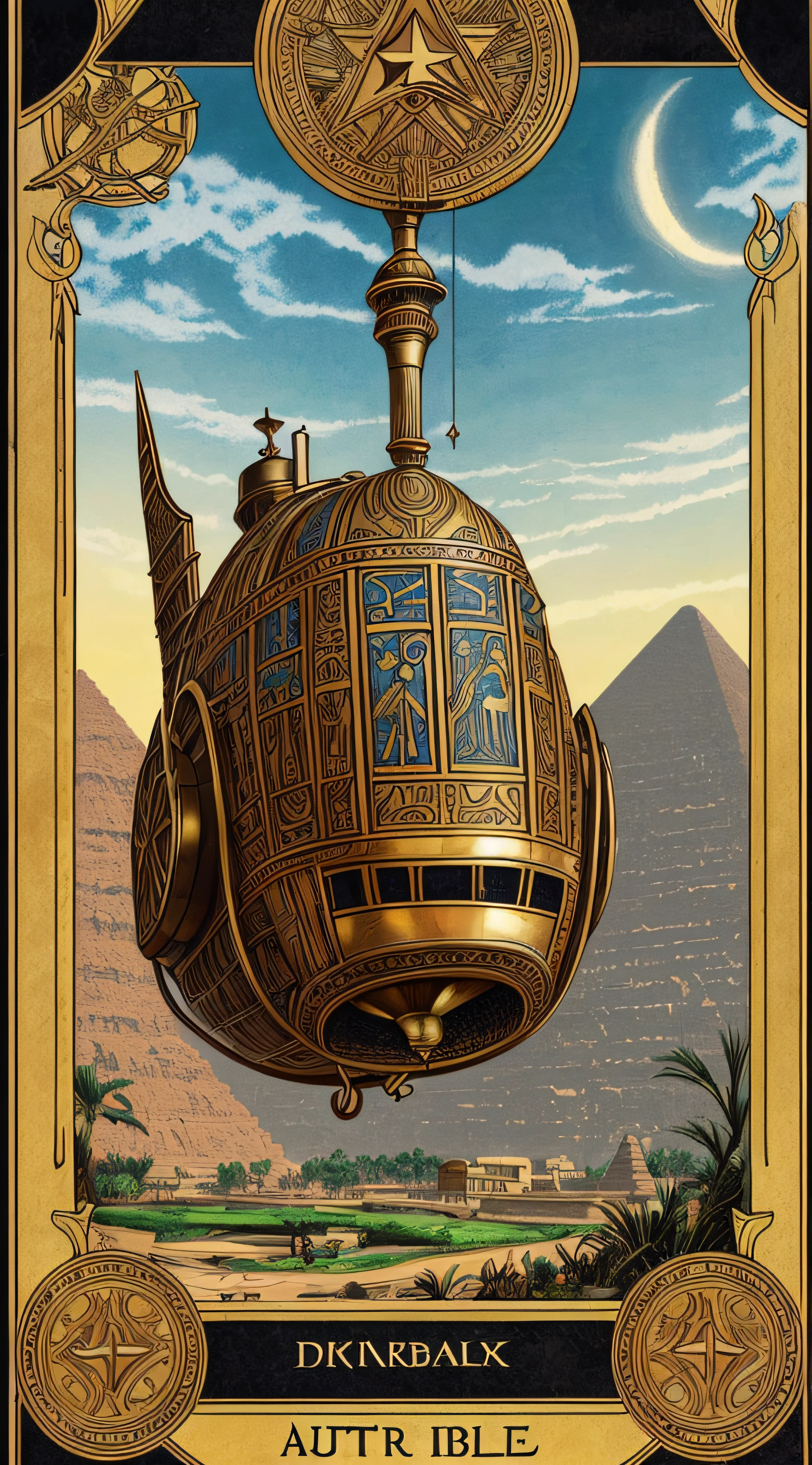 high detailed egyptian tarot card with a steampunk dirigible, leather and iron textures to make it realistic --aut --auto