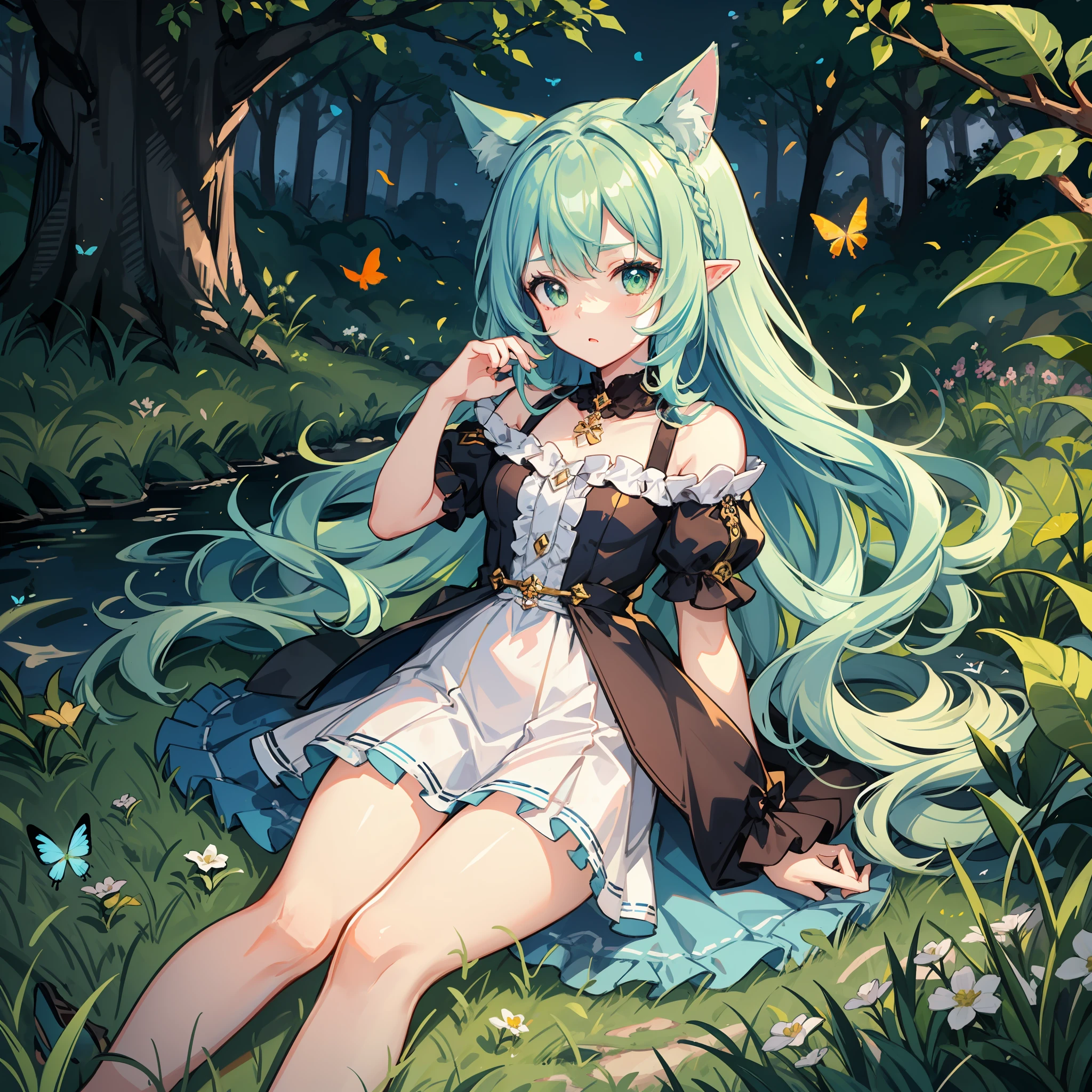 A meadow({multicolour_Hair+Blue hair:1.8+Green hair:0.2})Beast-eared ,White fat meow-style makeup,Tiny cute,Field scenery,Colorful falls,Butterflies flutter。