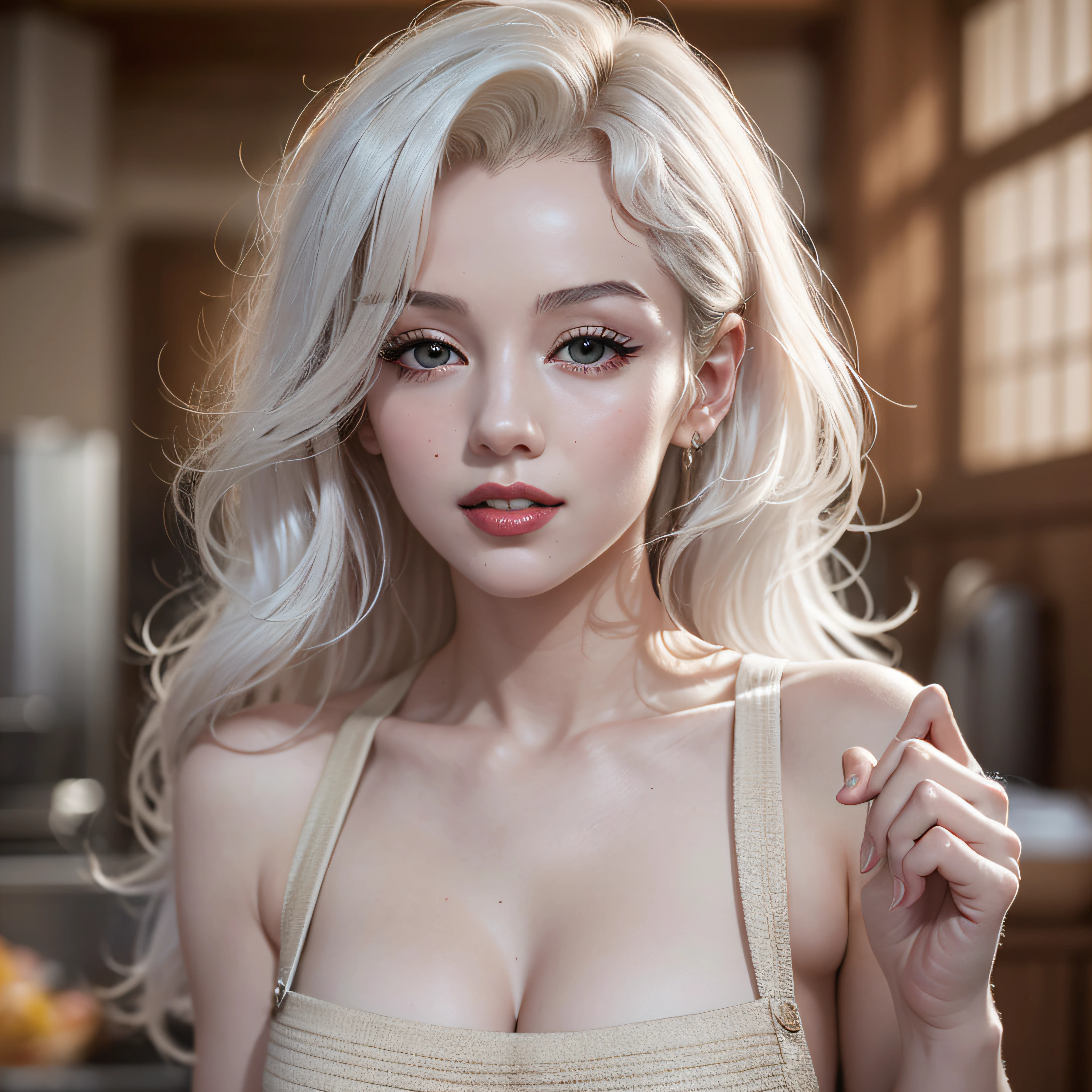 (in 8K、Raw photography、finely best quality、​masterpiece:1.2)、(realisitic、Hphotorealistic:1.37)、Marilyn Monroe、32years old、ultra-detailliert、超A high resolution、One lady、独奏、D-cups、beautifull detailed face、独奏、White hair、A smile、raise the corners of one's mouth、Constriction、(Slim waist:1.3)、On the sandy beach、full of sweat、Translucent apron、Cooking dishes、Clear eyes、precise face features、Whole human body、Slightly powdered skin texture、Feathering、(Detailed skin)、Realistic texture、Muffled light、Gradient Blending、Perfect face and proportions、Dense skin Beautiful detailed skin、Skin Texture、Floating hair、Professional lighting、