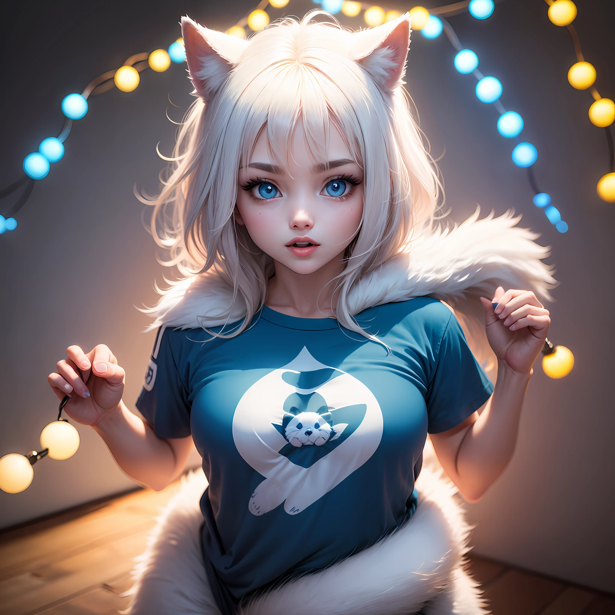 hairy pubic,White fur,hyper cute face,blue elements on fur,Glowing T-shirt,furry,Beautiful lights and shadows,ambient lights,Ultra-fine fur,volumettic light --auto
